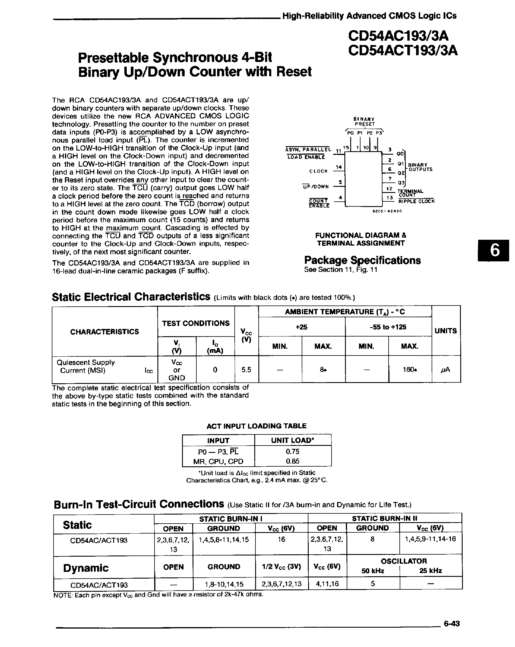 Datasheet 74ACT193 page 1 Datasheet 74ACT193 - Presettable Synchronous 4 Bit Binary Up/Down Counter with Reset page 1