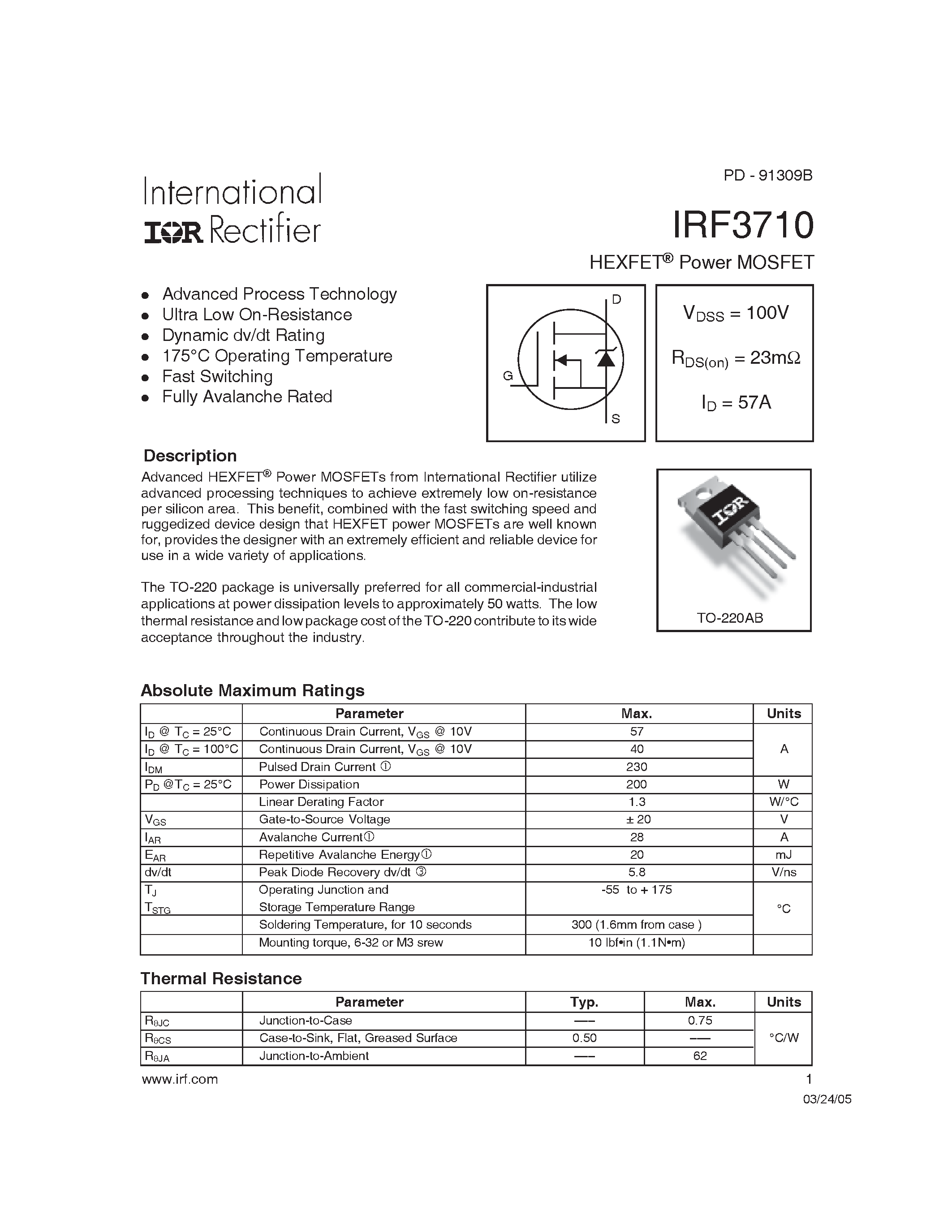 Datasheet IRF3710 - HEXFET Power MOSFET page 1