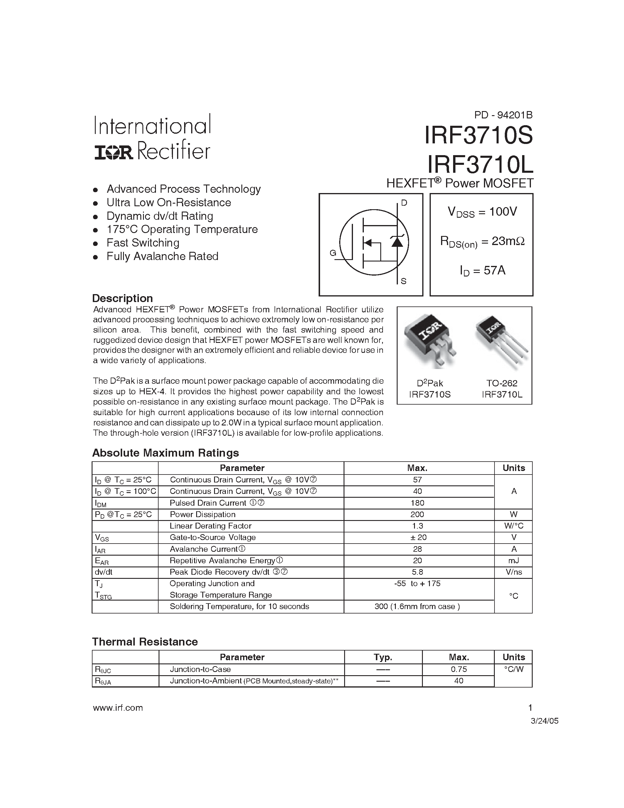 Datasheet IRF3710x page 1 Datasheet IRF3710x - HEXFET Power MOSFET page 1