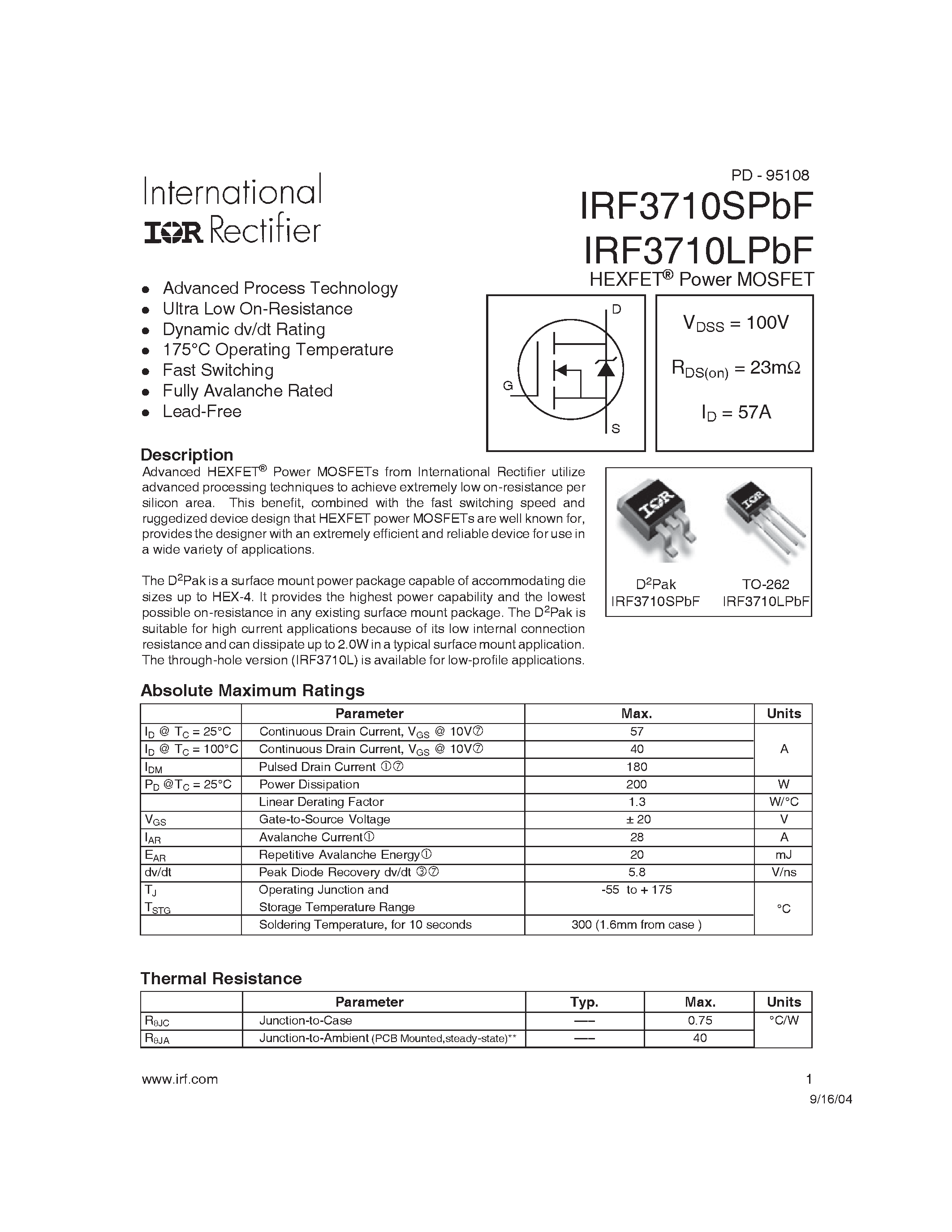 Datasheet IRF3710xPbF - HEXFET Power MOSFET page 1
