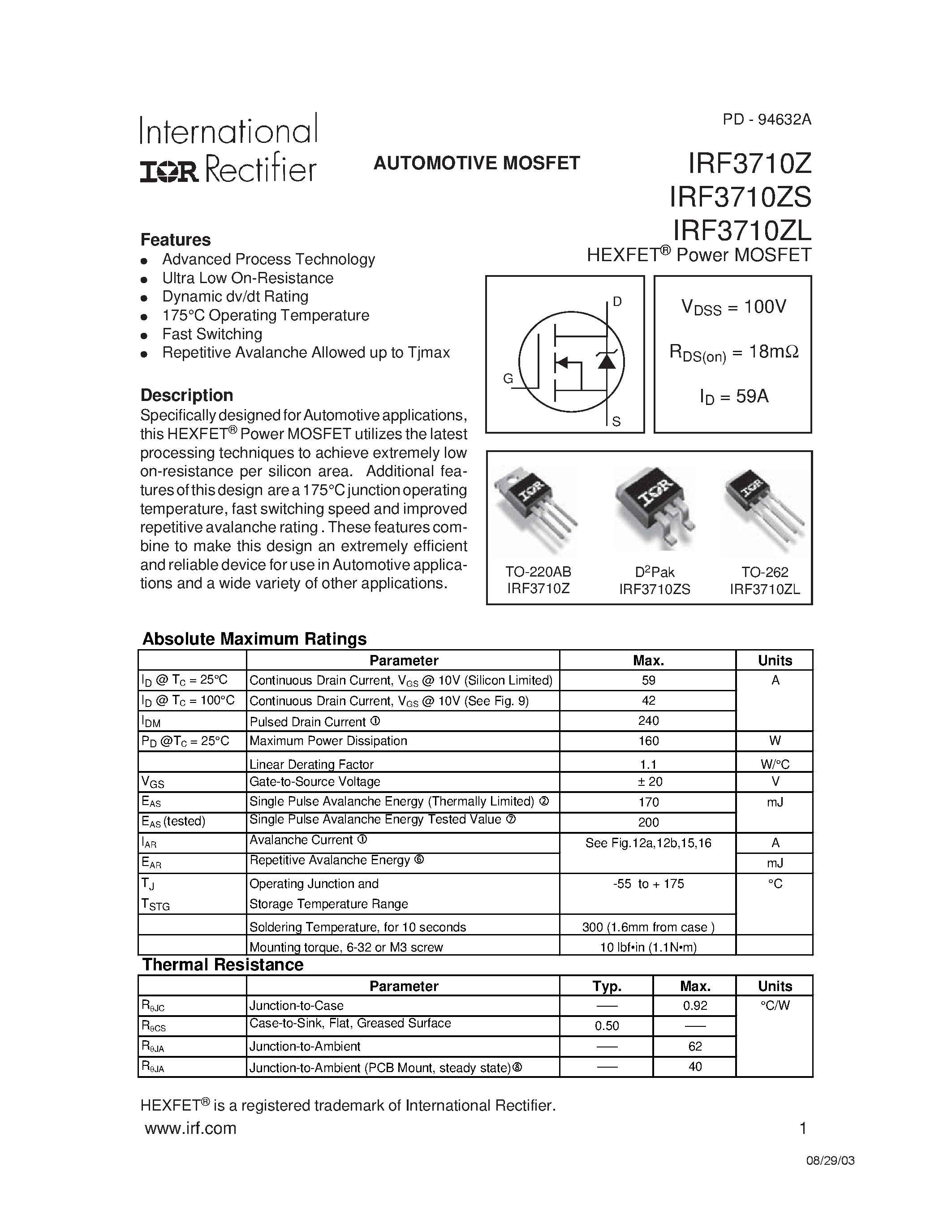 Datasheet IRF3710Zxx - HEXFET Power MOSFET page 1