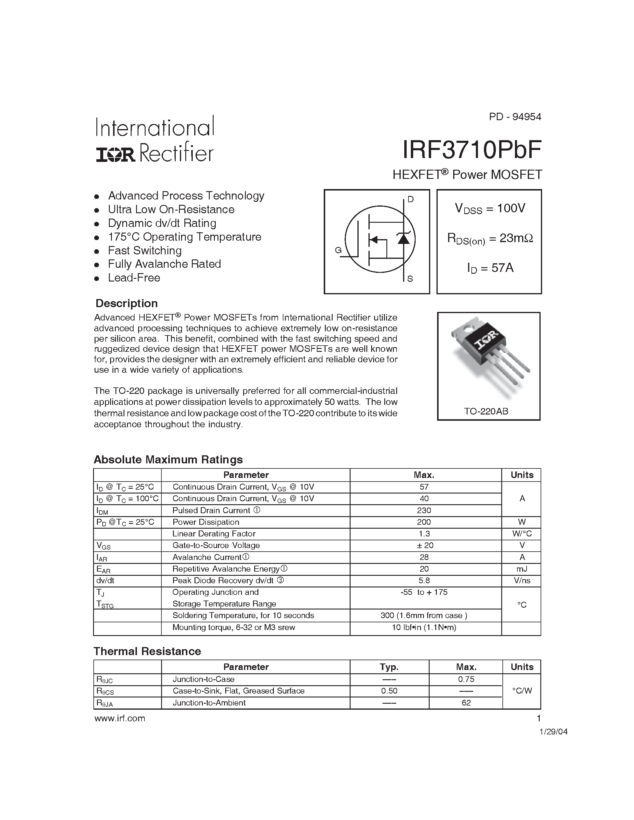 Datasheet IRF3710PbF - HEXFET Power MOSFET page 1