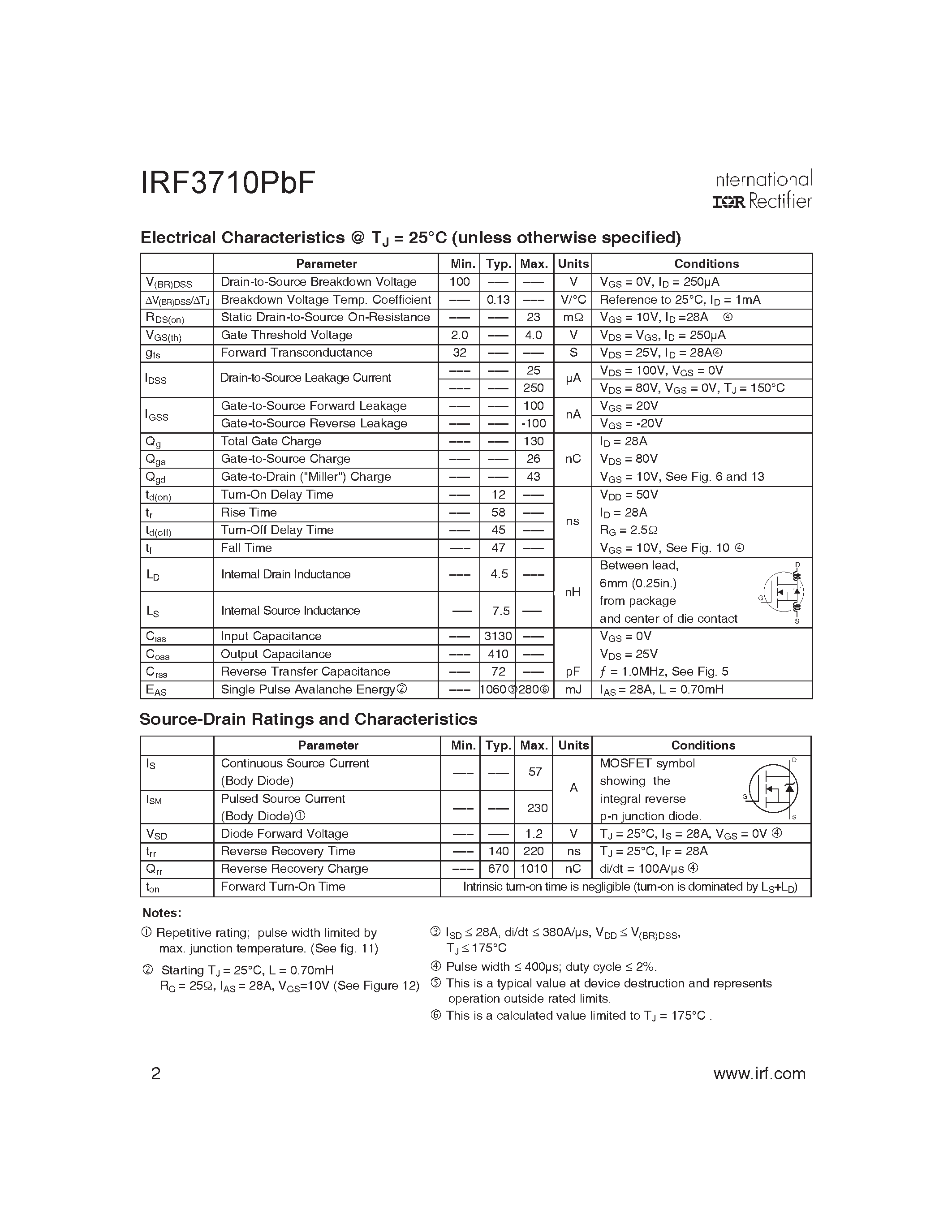 Datasheet IRF3710PbF - HEXFET Power MOSFET page 2