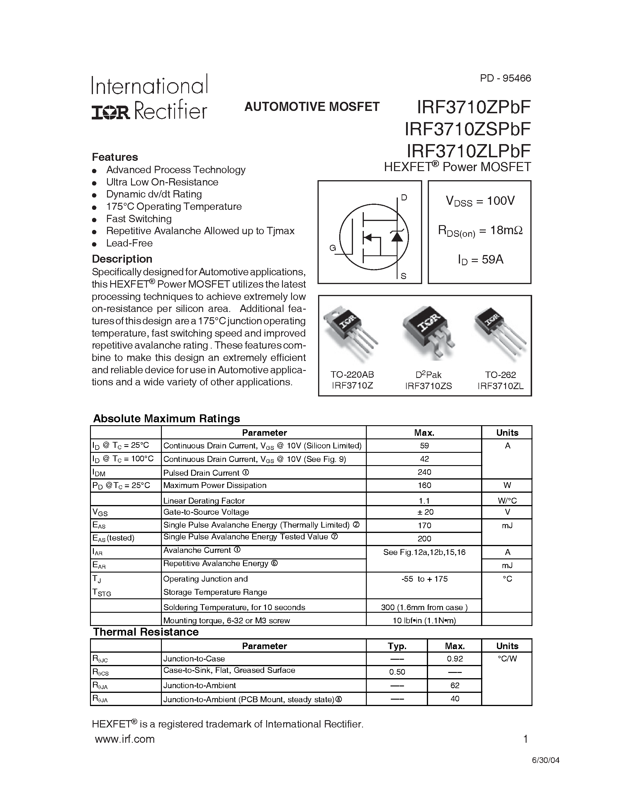 Datasheet IRF3710ZxPbF page 1 Datasheet IRF3710ZxPbF - HEXFET Power MOSFET page 1