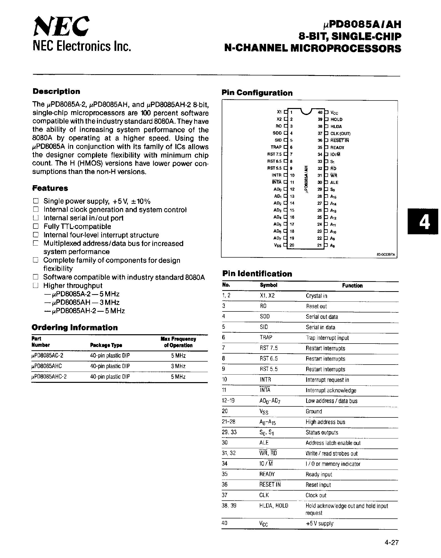 Datasheet UPD78085A page 1 Datasheet UPD78085A - 8 Bit Single-Chip N-Channel Micerprocessors page 1