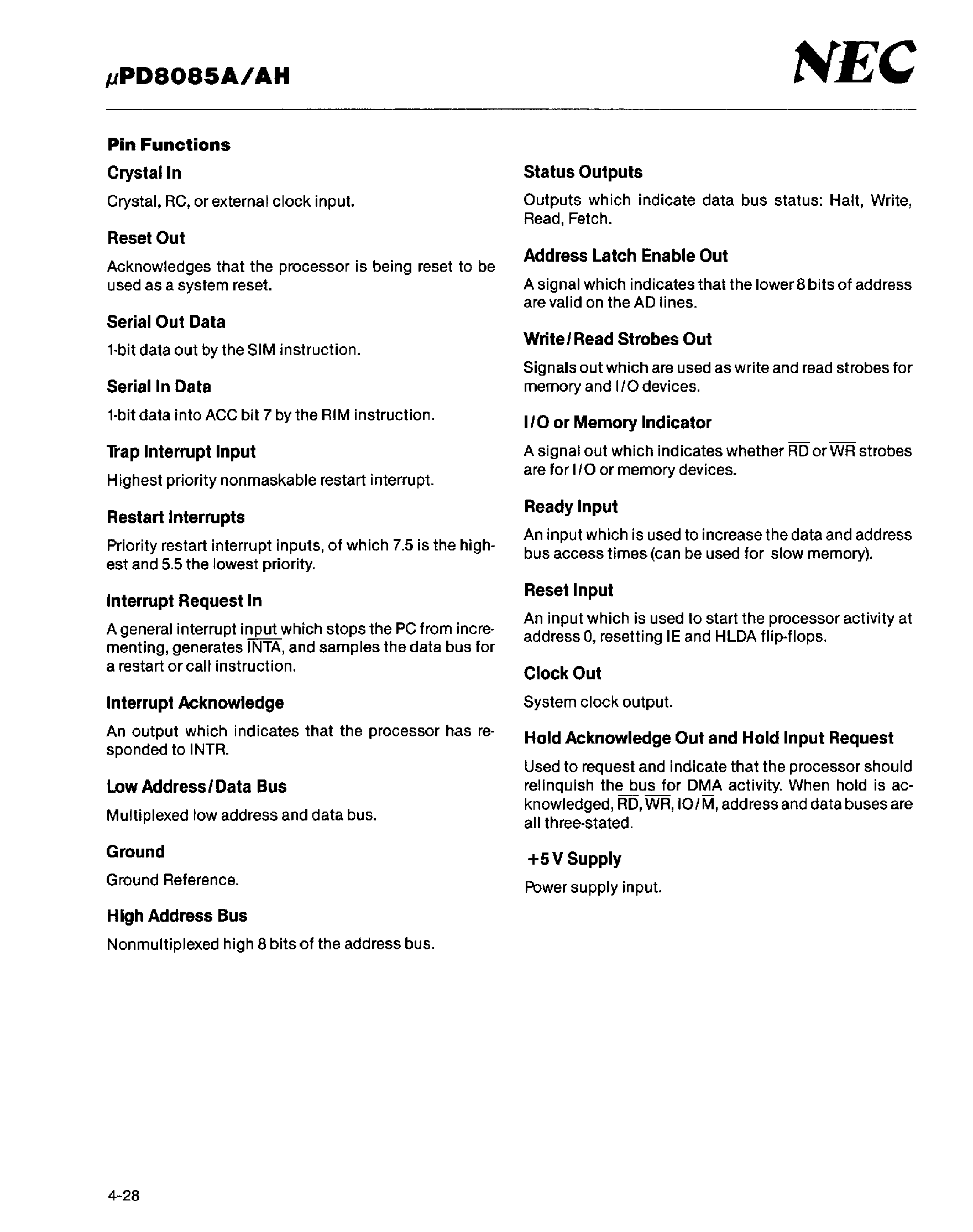 Datasheet UPD78085A page 2 Datasheet UPD78085A - 8 Bit Single-Chip N-Channel Micerprocessors page 2