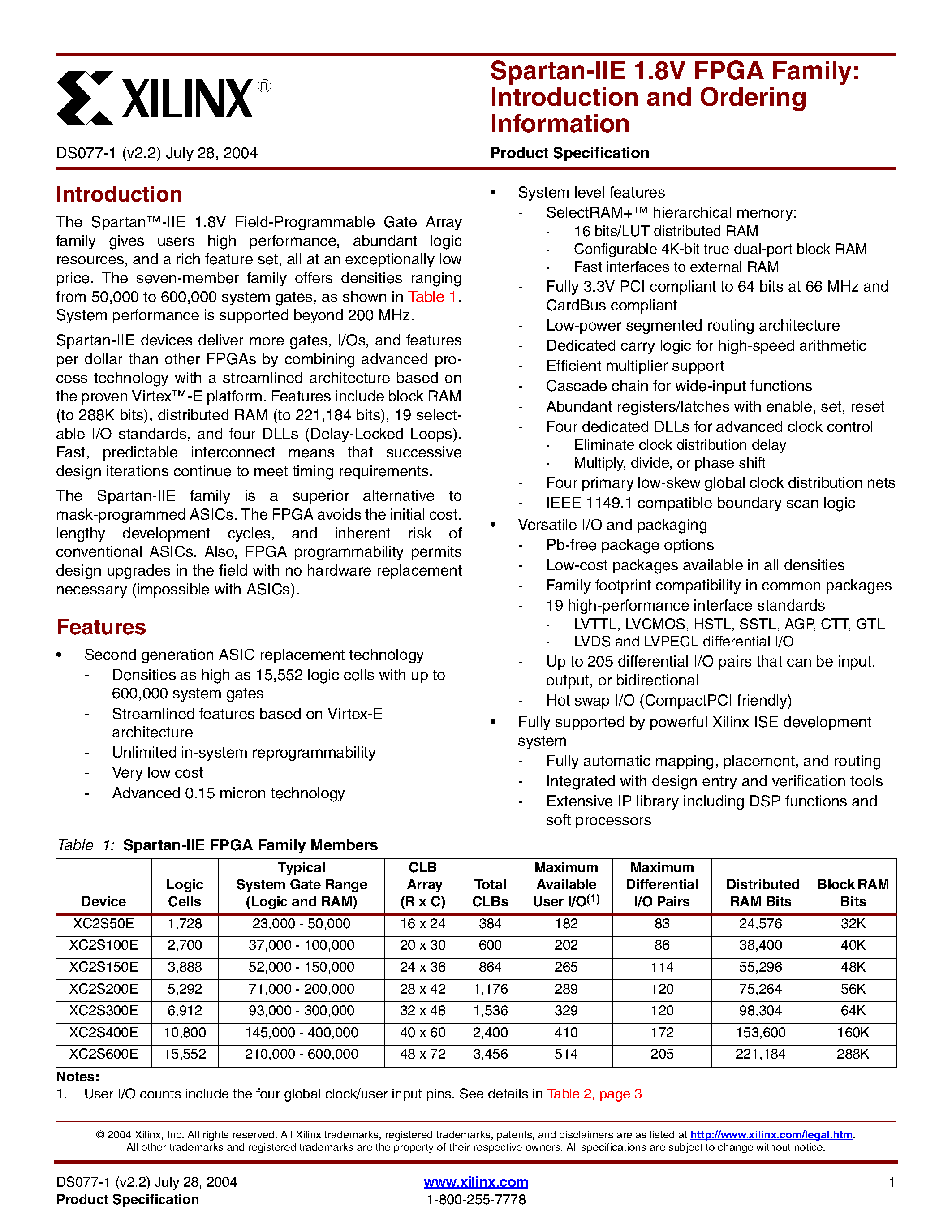 Datasheet XC2S400E6Fxxx page 2 Datasheet XC2S400E6Fxxx - Spartan-IIE 1.8V FPGA Family page 2