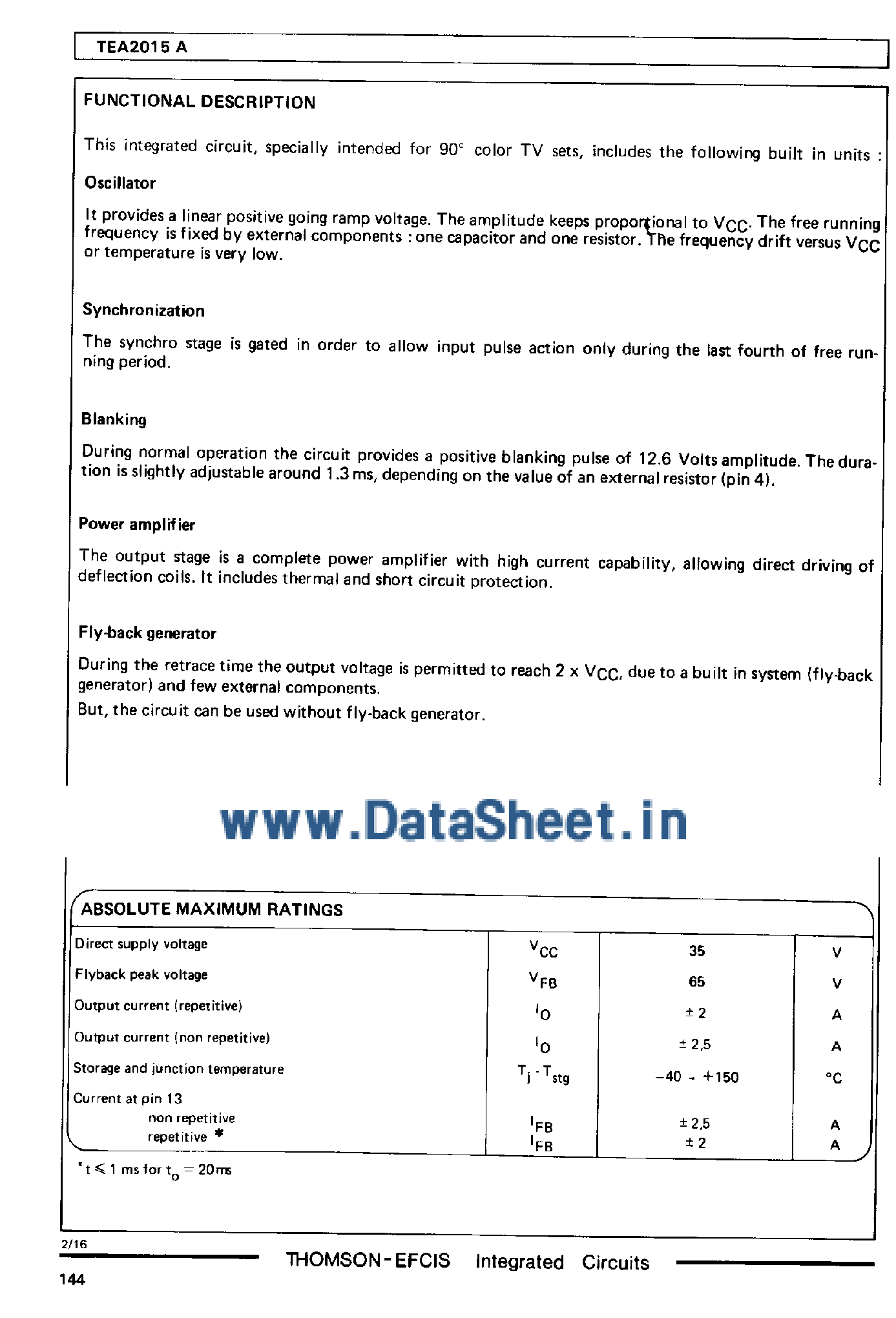 Даташит TEA2015A - Vertical Sweep for Black and White and 60 Color TV Sets страница 2