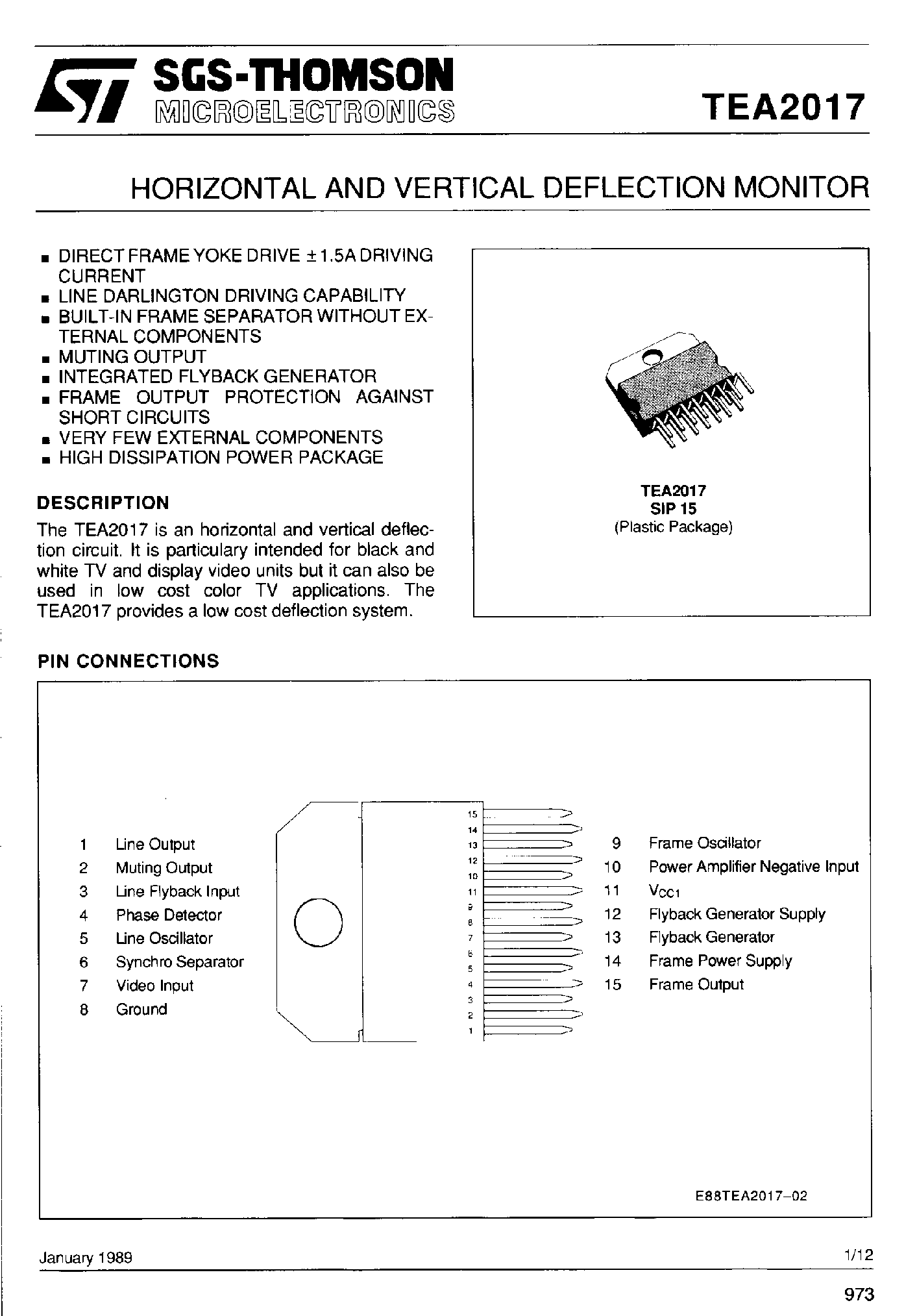 Даташит на микросхему TEA2017 страница 1 Даташит TEA2017 - HORIZONTAL AND VERTICAL DEFLECTION MONITOR страница 1