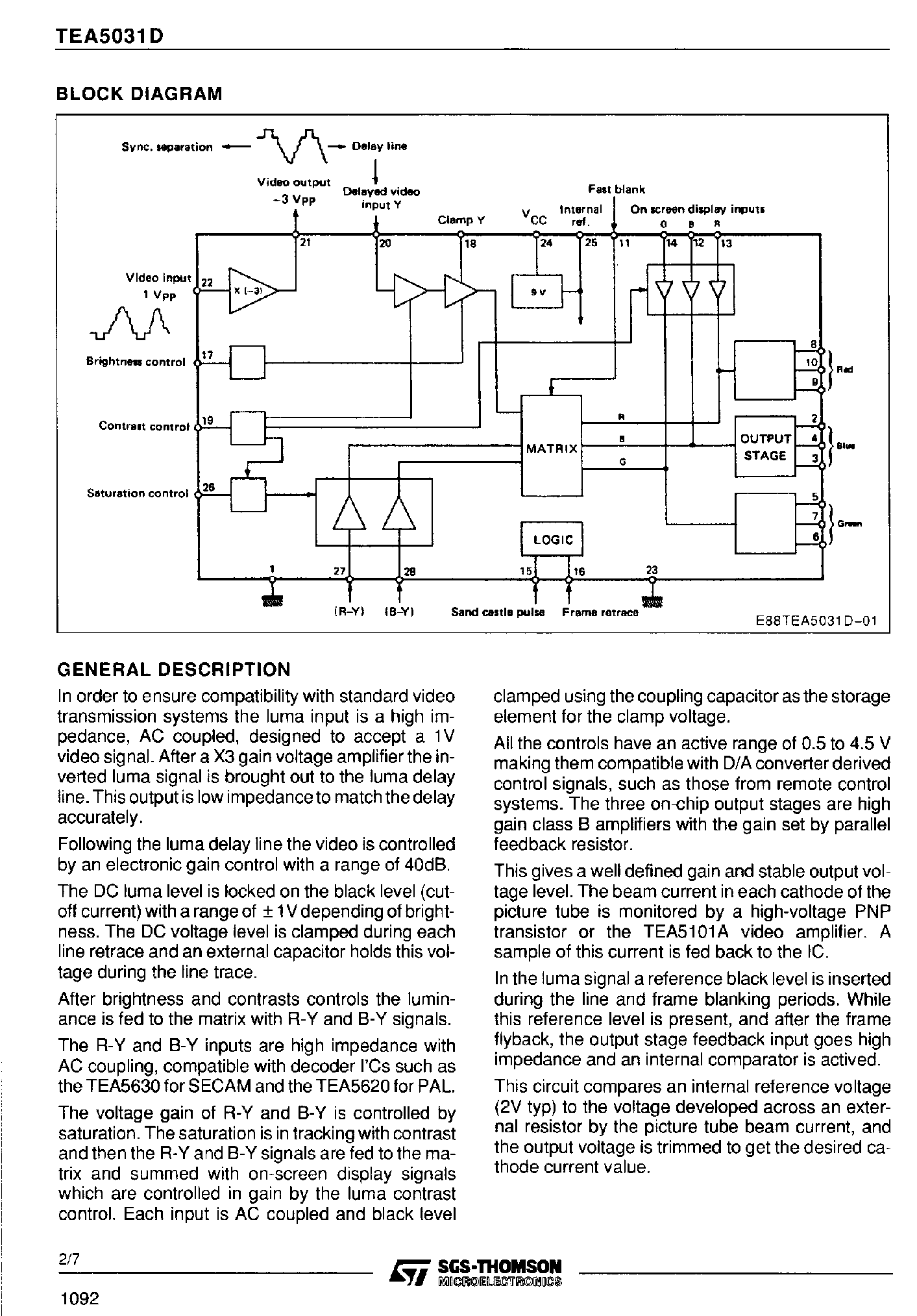 Даташит TEA5031D - COLOR TV VIDEO PROCESSOR страница 2