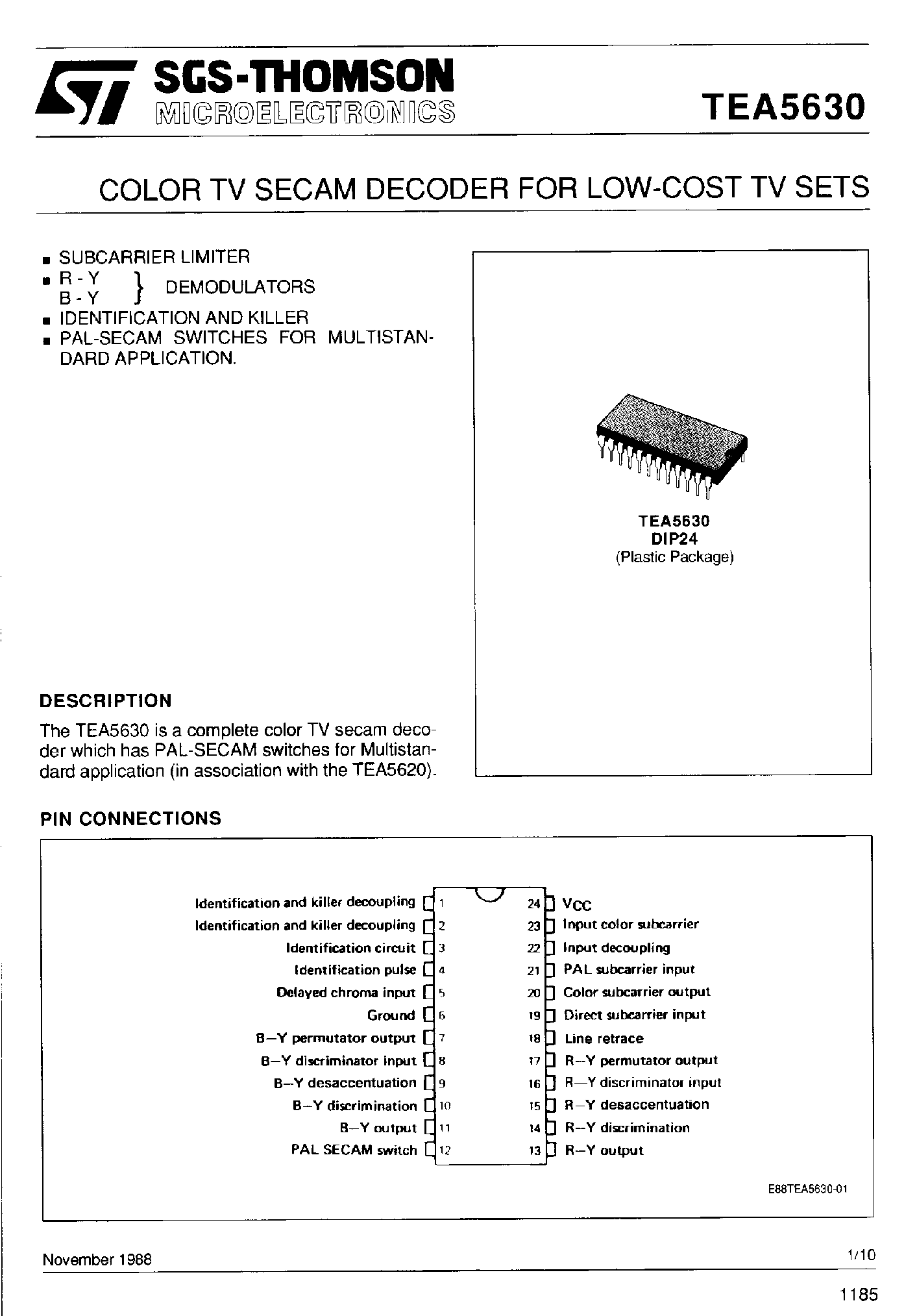 Даташит на микросхему TEA5630 страница 1 Даташит TEA5630 - Color TV Secam Decoder for Low Cost TV Sets страница 1