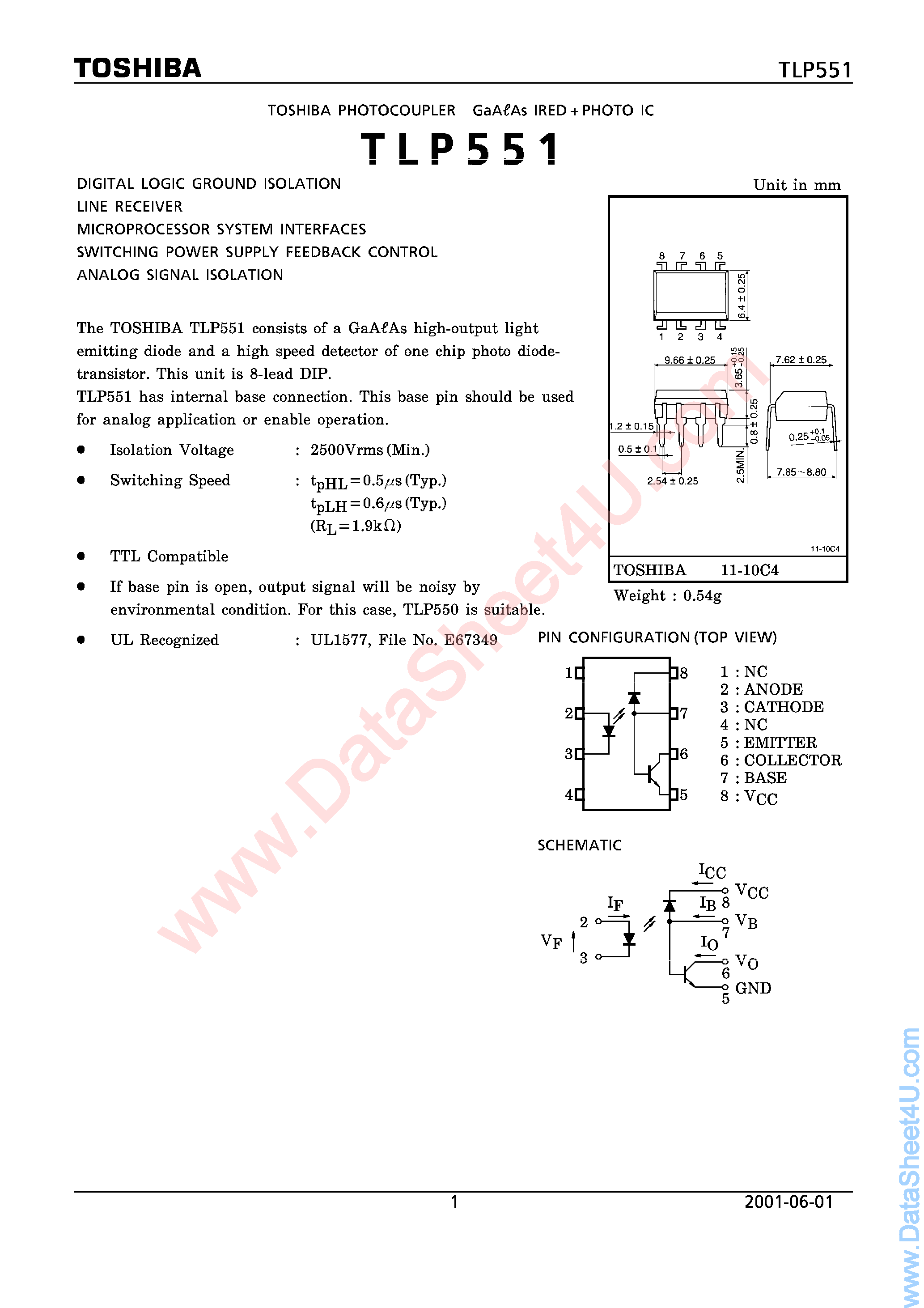 Даташит TLP551 - Photocoupler GaAs IRED + Photo IC страница 1