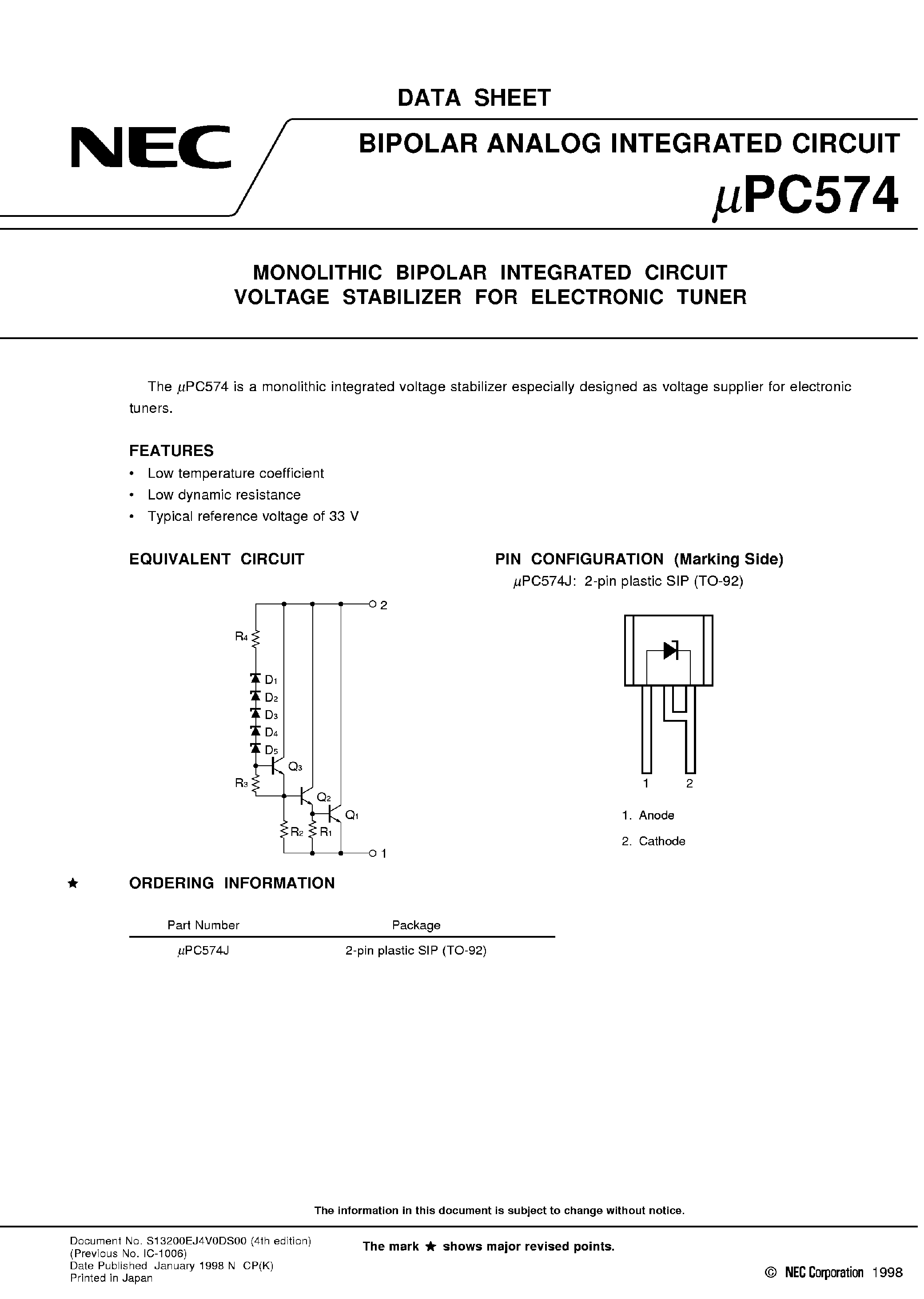Даташит на микросхему UPC574 страница 1 Даташит UPC574 - Monolithic Bipolar Integrated Circuit Voltage Stabilizer for Electronic Tuner страница 1