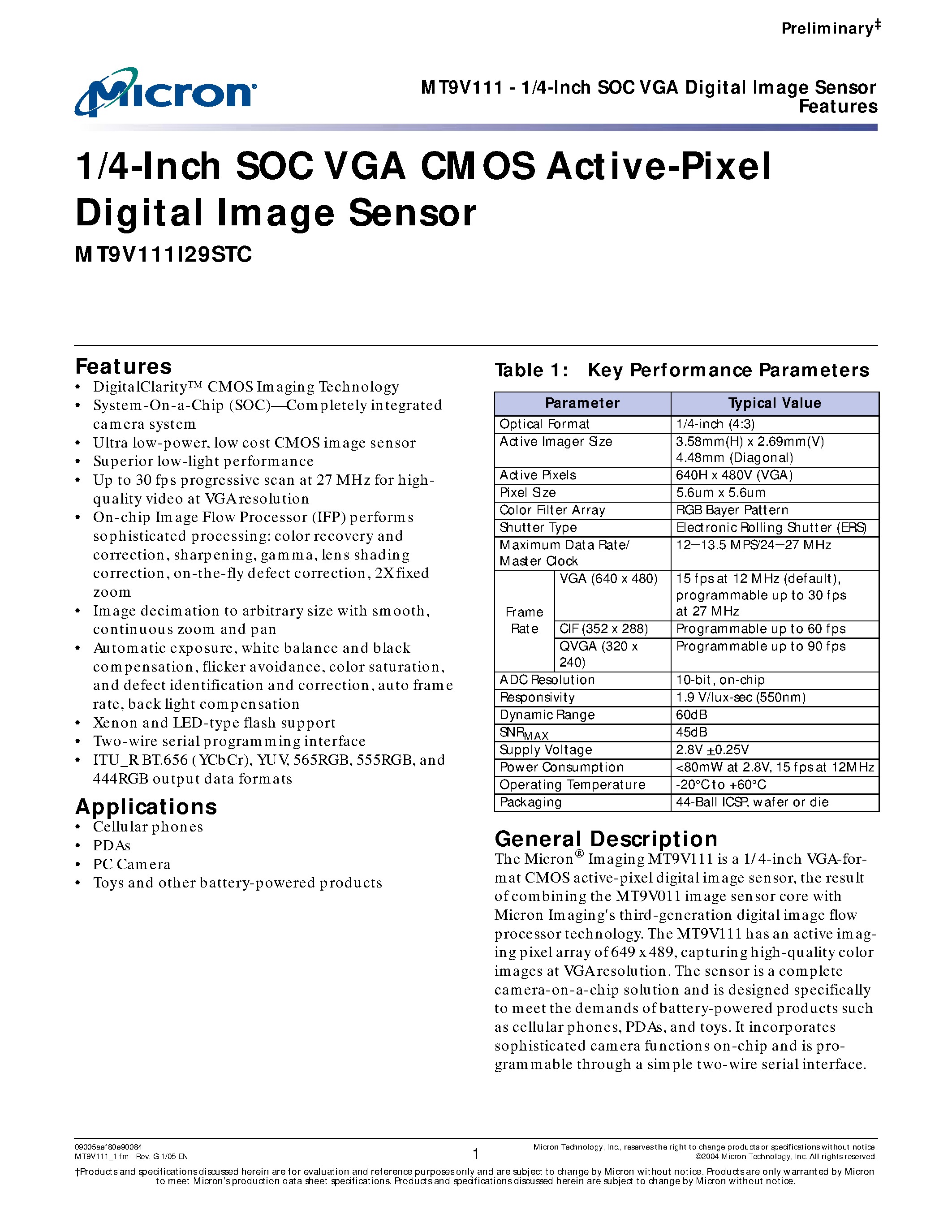 Datasheet MT9V111 page 1 Datasheet MT9V111 - 1/4-Inch SOC VGA CMOS Active-Pixel Digital Image Sensor page 1