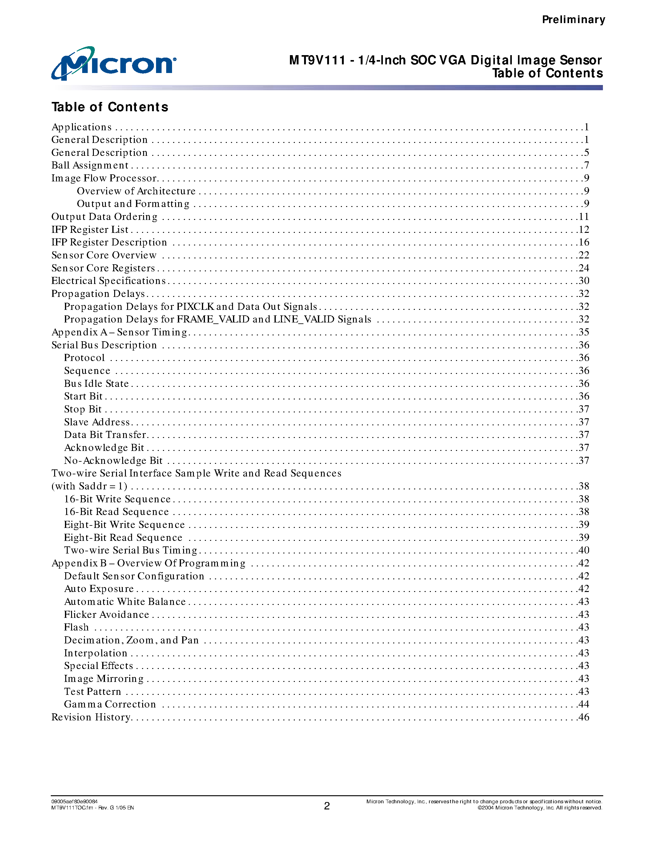 Datasheet MT9V111 page 2 Datasheet MT9V111 - 1/4-Inch SOC VGA CMOS Active-Pixel Digital Image Sensor page 2