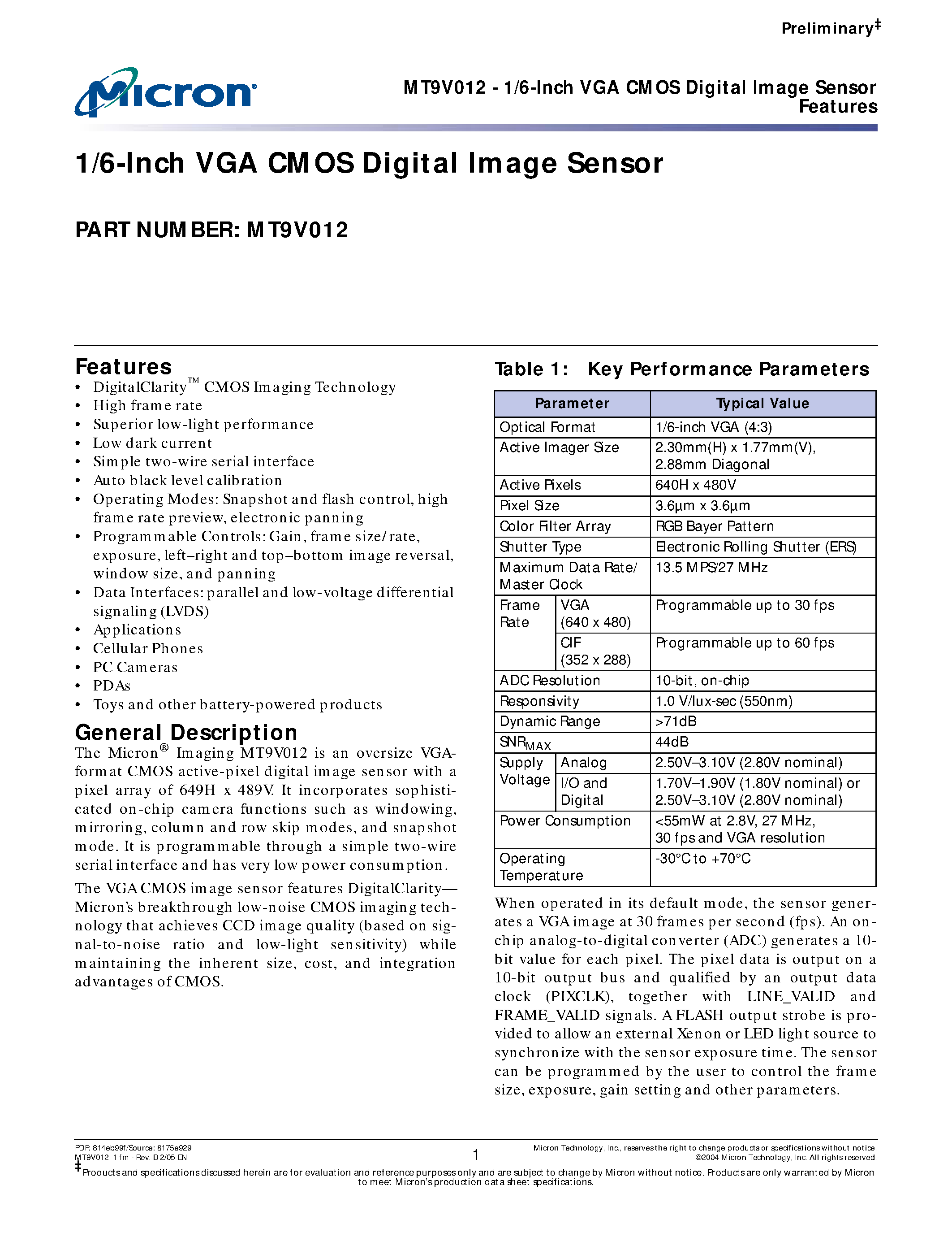 Datasheet MT9V012 - 1/6-Inch VGA CMOS Digital Image Sensor page 1