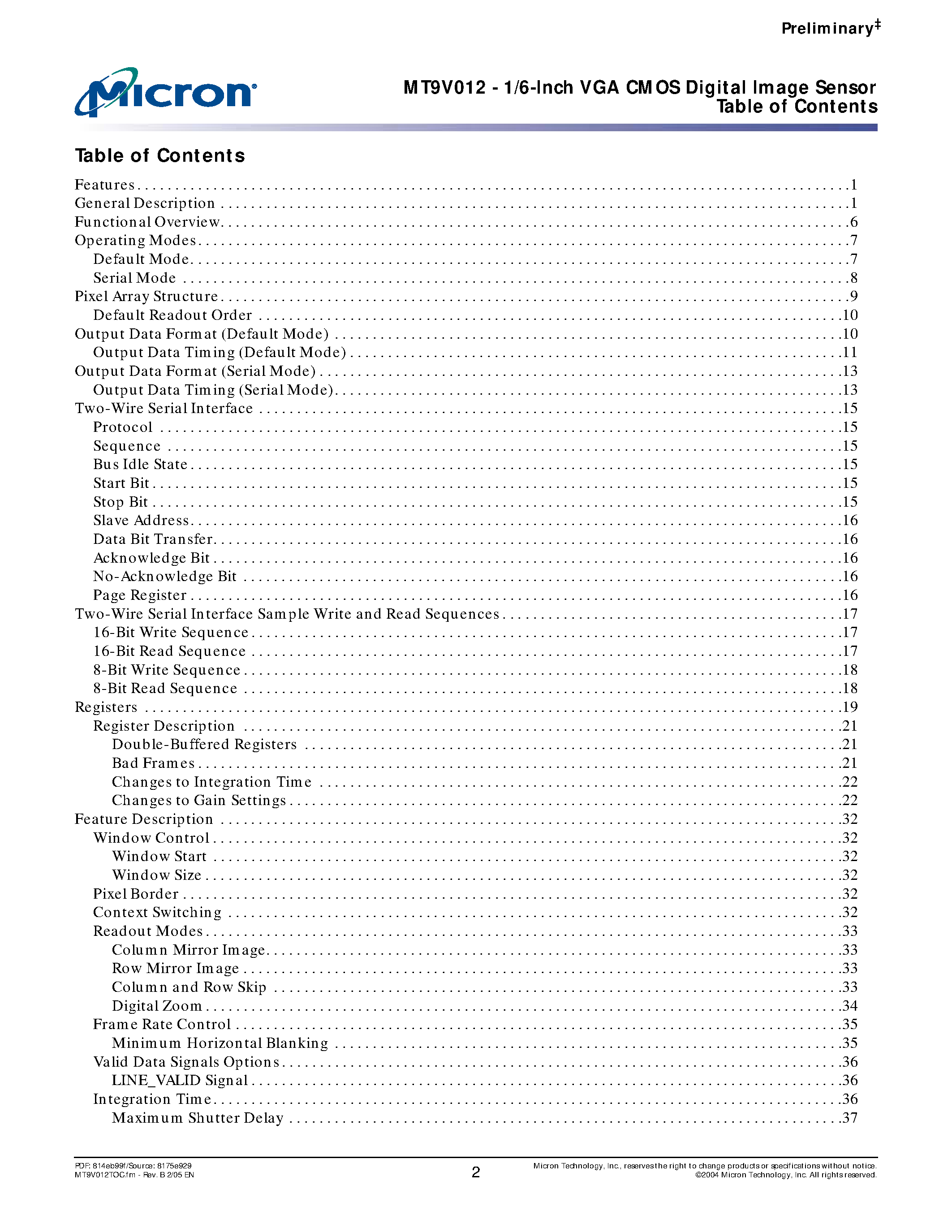 Datasheet MT9V012 - 1/6-Inch VGA CMOS Digital Image Sensor page 2