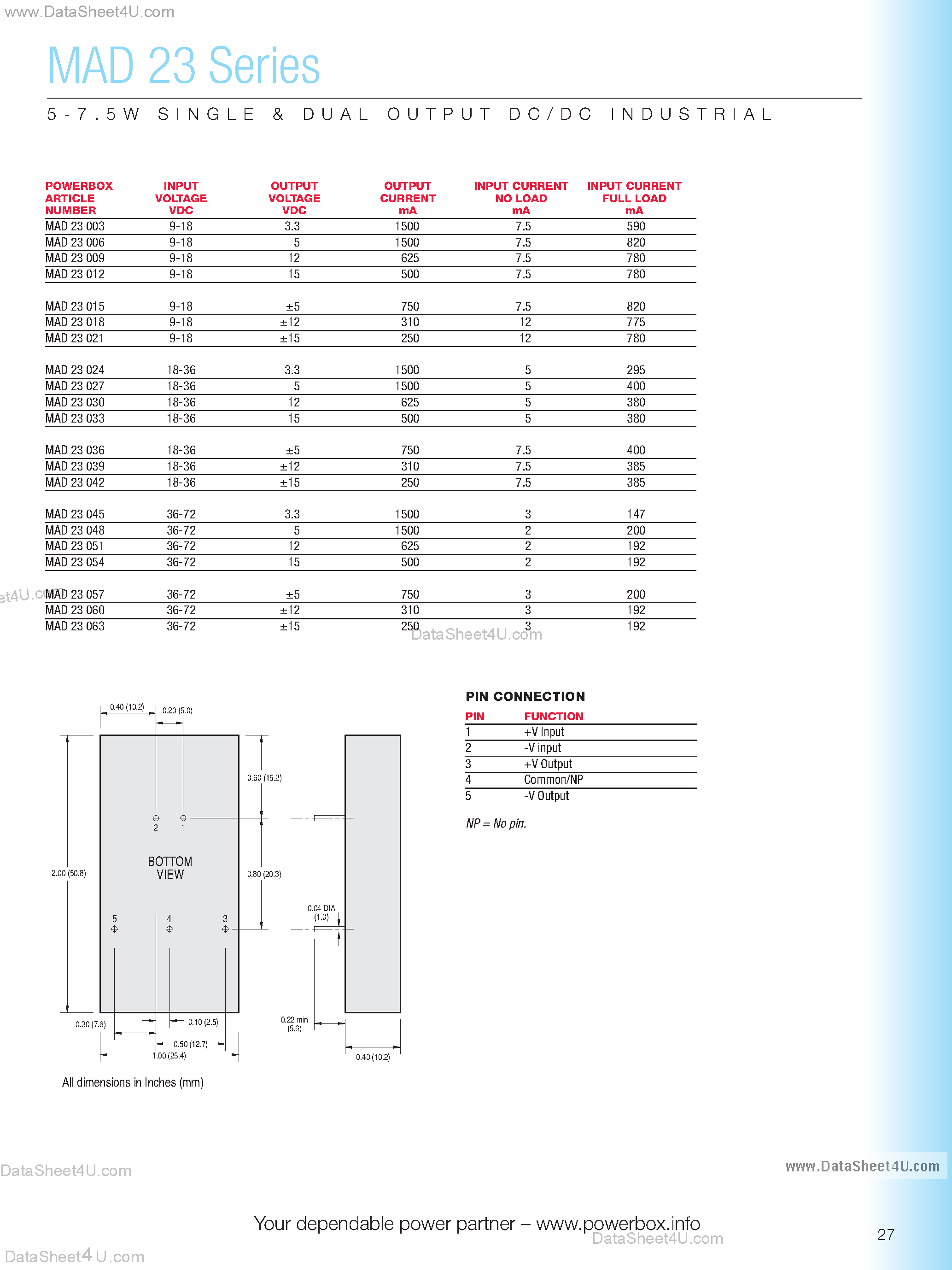 Даташит MAD23 - 5 - 7.5 W Single & Dual Output DC/DC Industrial страница 2