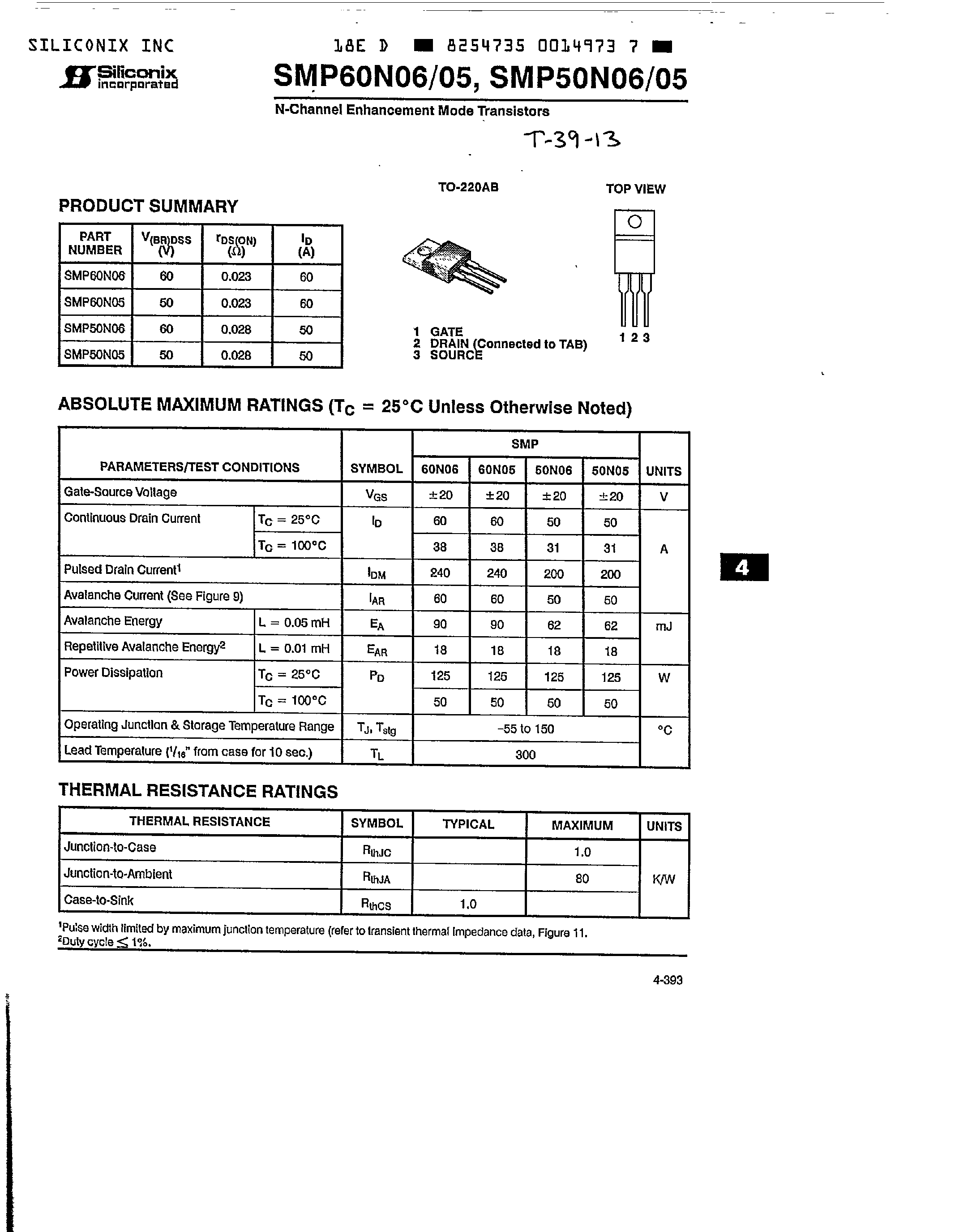 Datasheet SMP50N0x page 1 Datasheet SMP50N0x - (SMP60N0x) N-Channel Enhancement-Mode Transistor page 1
