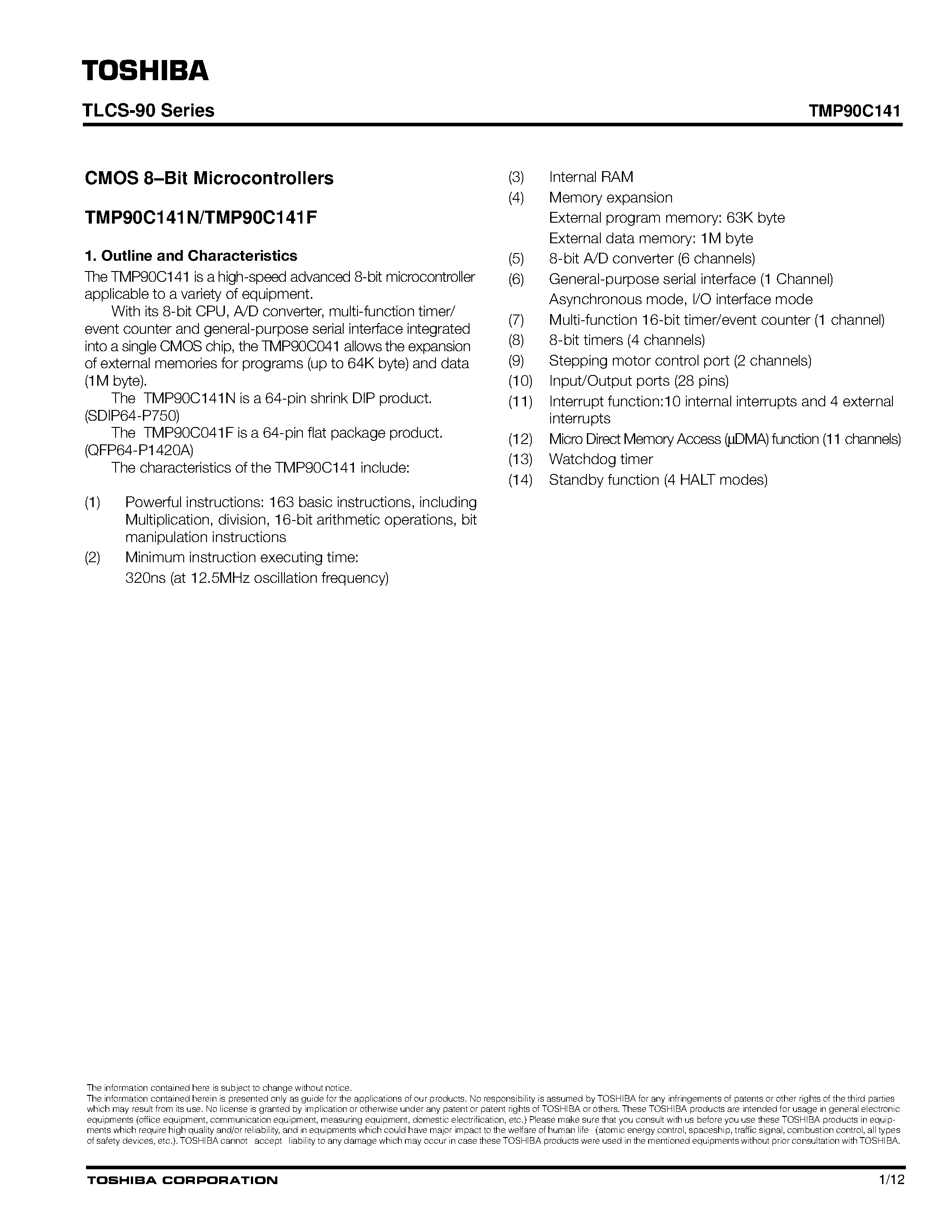Datasheet TMP90C141 - CMOS 8=Bit Microcontrollers page 1