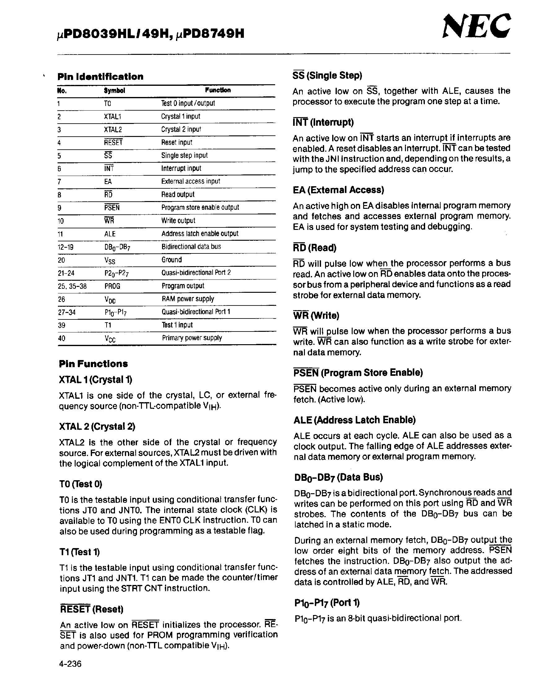 Datasheet UPD8039H - High Speed 8 Bit Single-Chip HMOS Microcomputers page 2