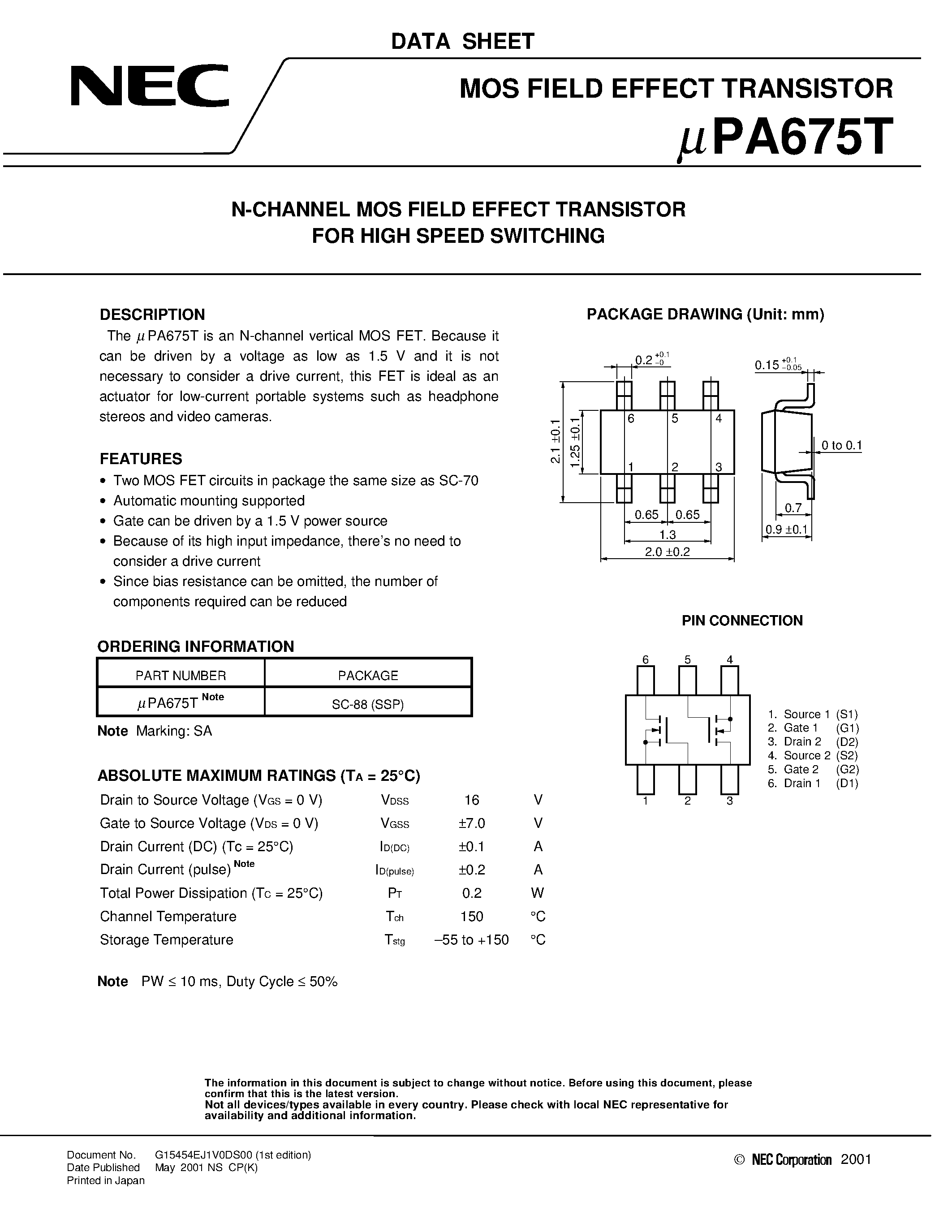 Datasheet UPA675T page 1 Datasheet UPA675T - N-Channel MOS Field Effect Transistor page 1