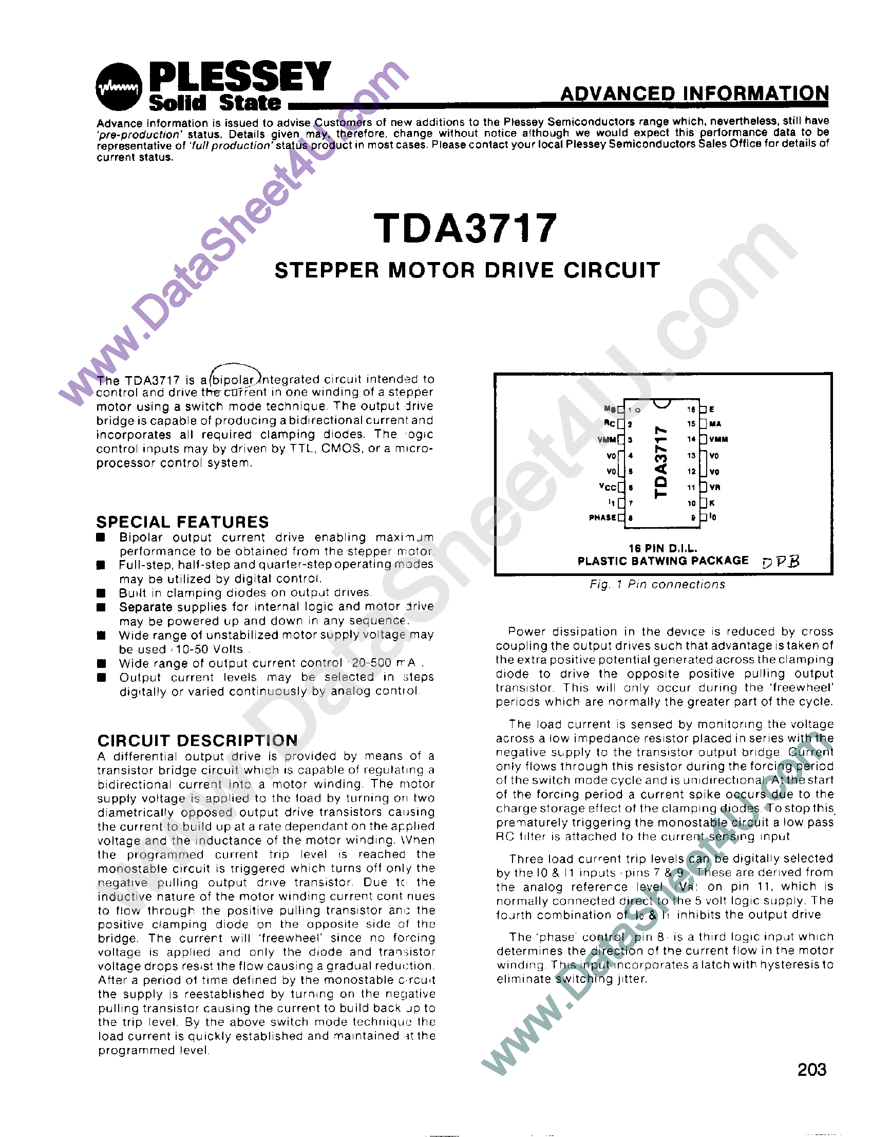 Даташит TDA3717 - Stepper Motor Drive Circuit страница 1
