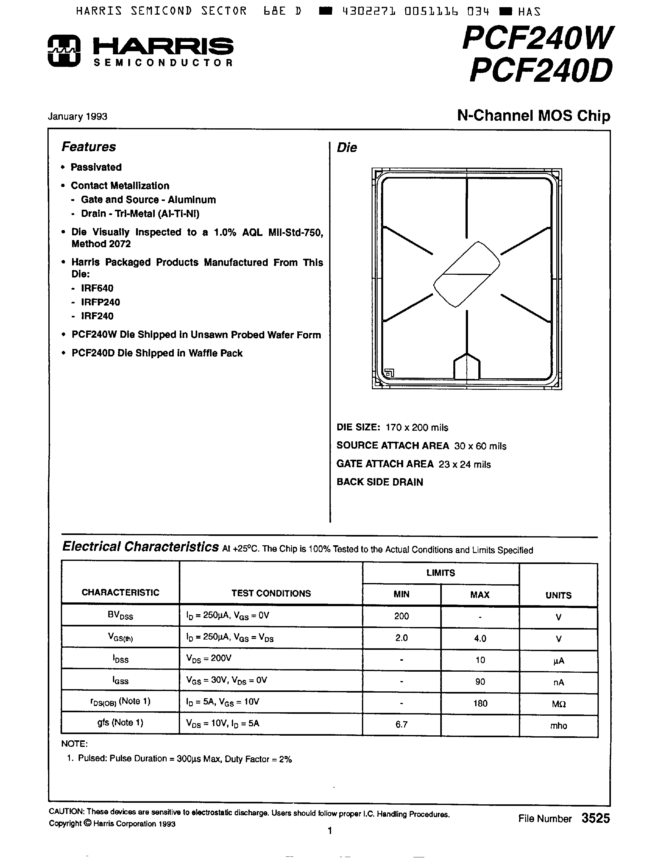 Datasheet PCF240 - N-Channel MOS Chip page 1