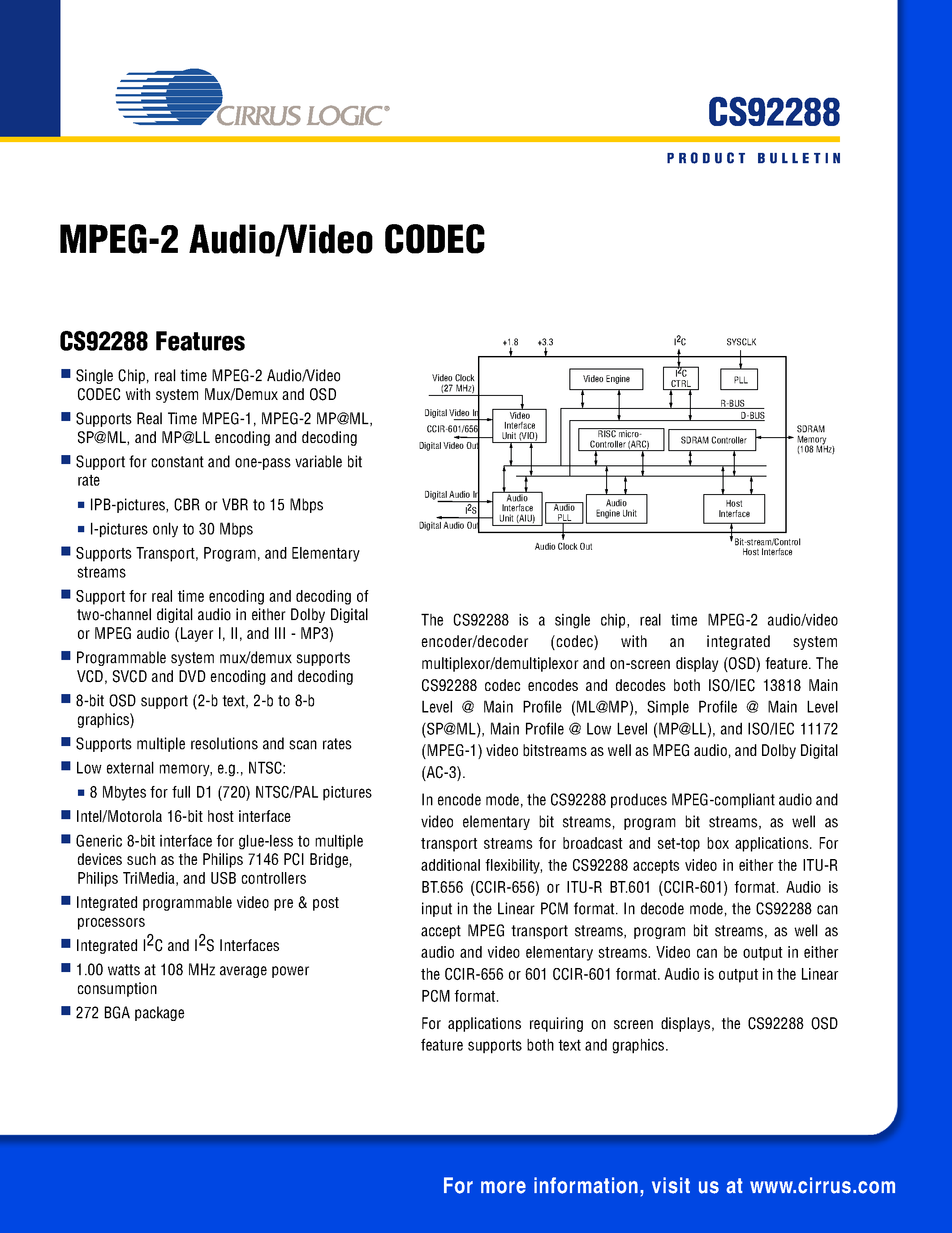 Даташит CS92288 - MPEG-2 Audio / Video Codec страница 1