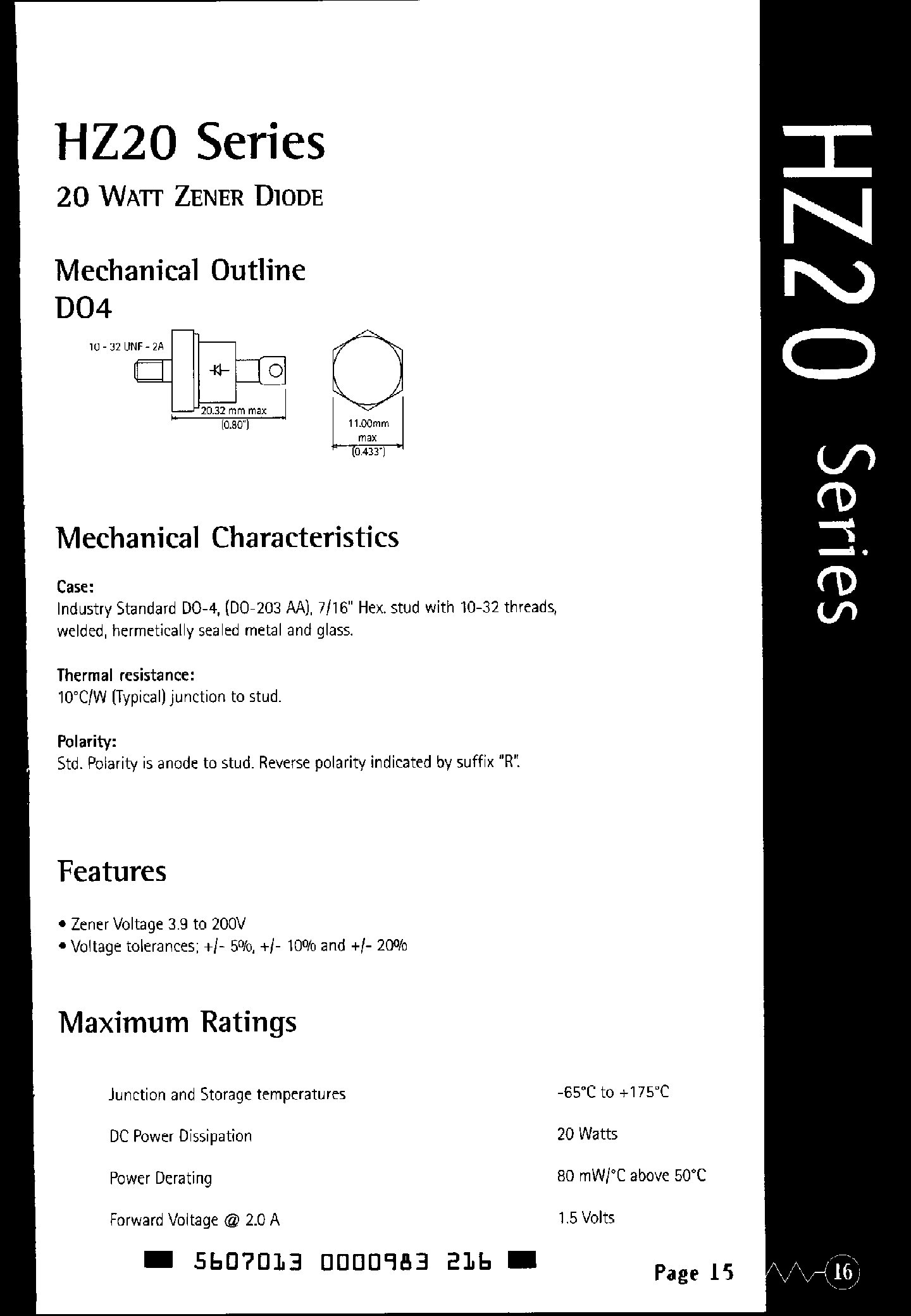 Datasheet HZ20V150 page 1 Datasheet HZ20V150 - (HZ20 Series) 20 W Zener Diode page 1