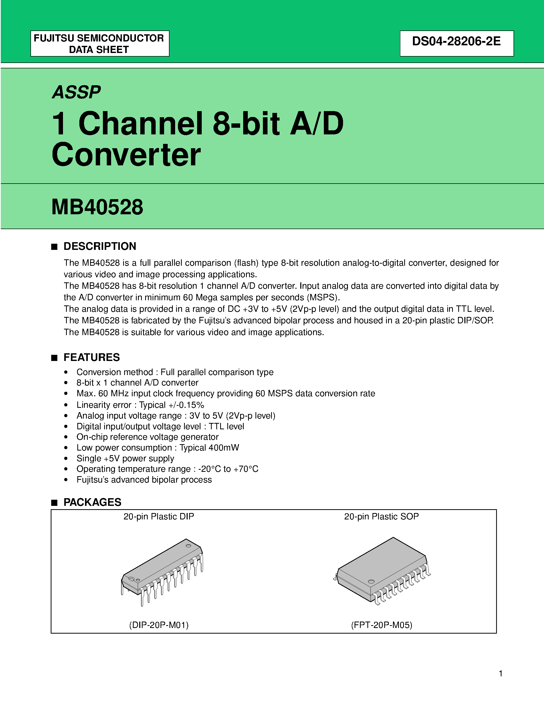Даташит MB40528 - 1 Channel 8-bit A/D Converter страница 1