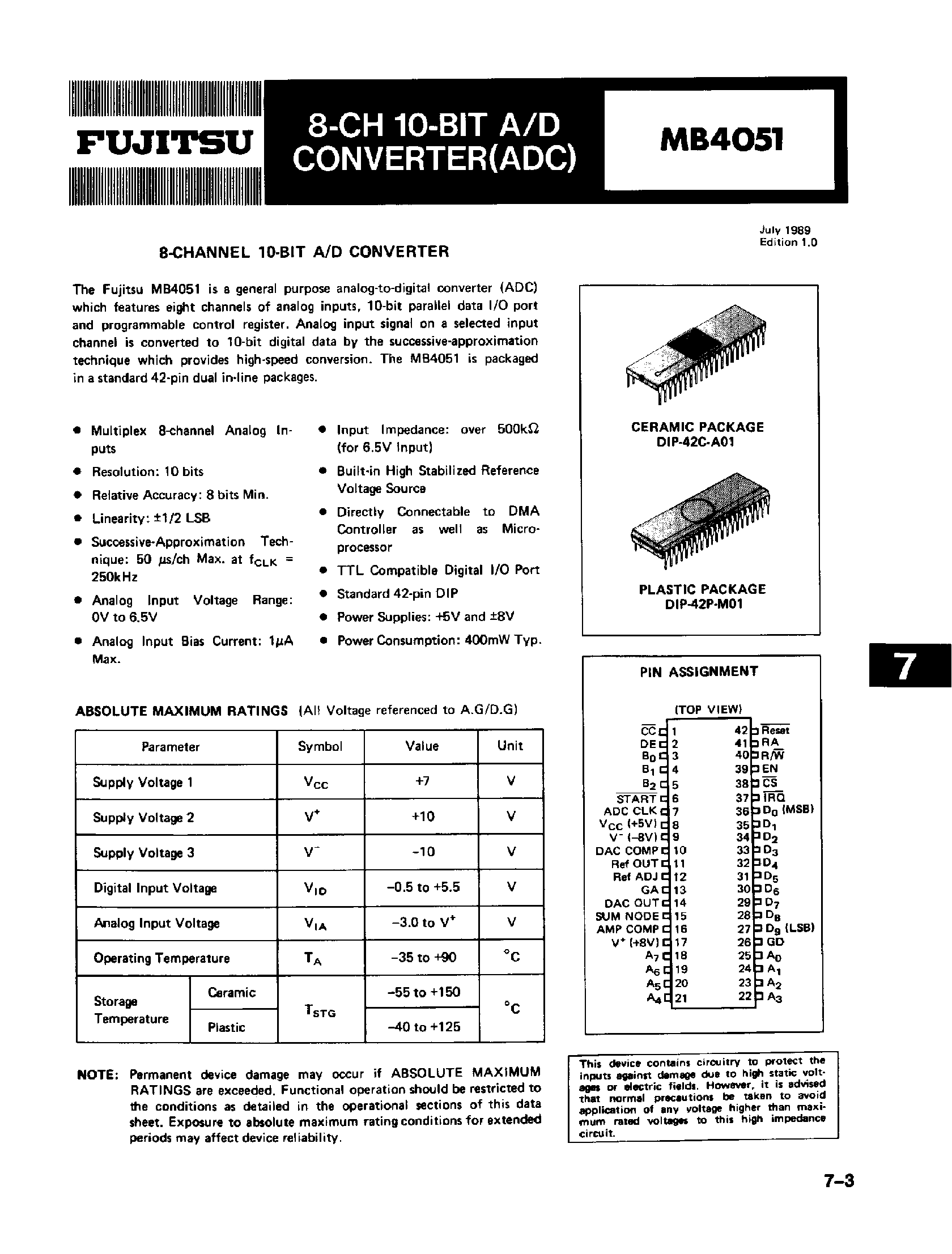 Даташит MB4051 - 8 CH 10 BIT A/D CONVERTER страница 1