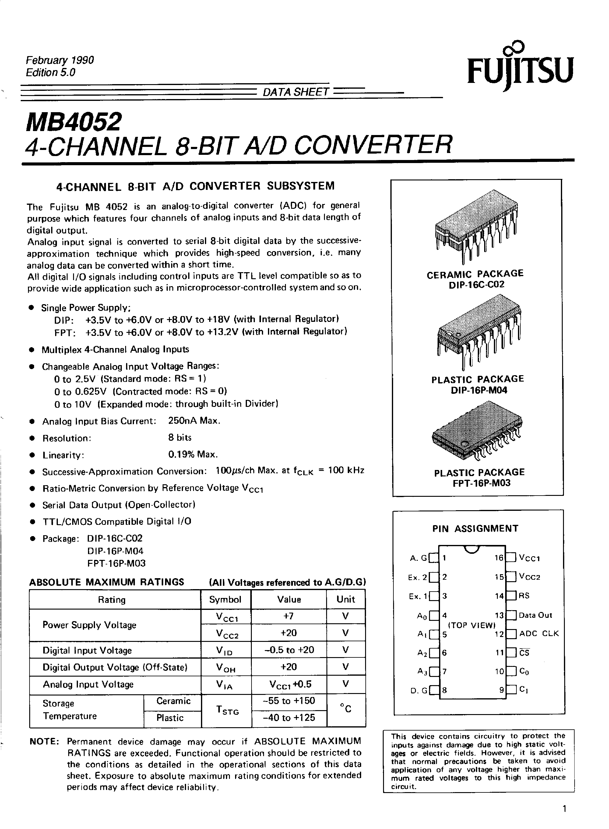 Даташит MB4052 - 4-Channel 8-Bit A/D Converter страница 1
