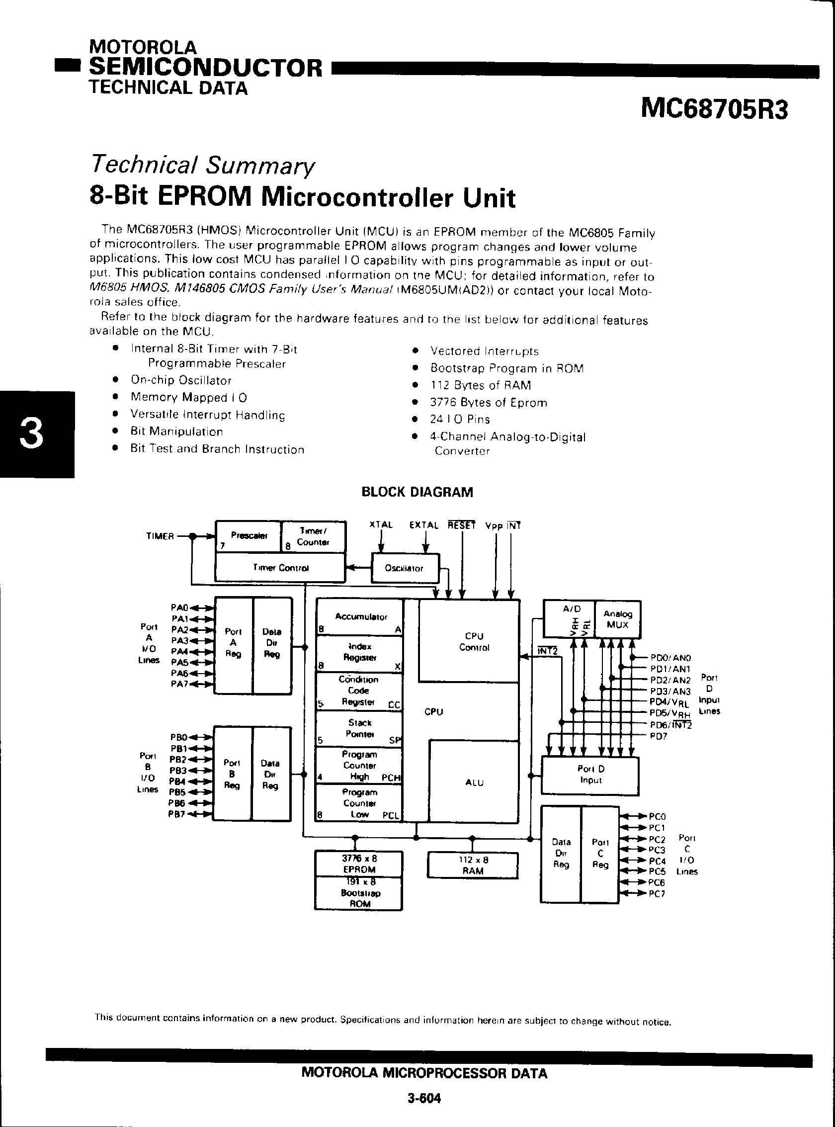 Datasheet MC68705R3 - 8-Bit EPROM Microcontroller Unit page 1