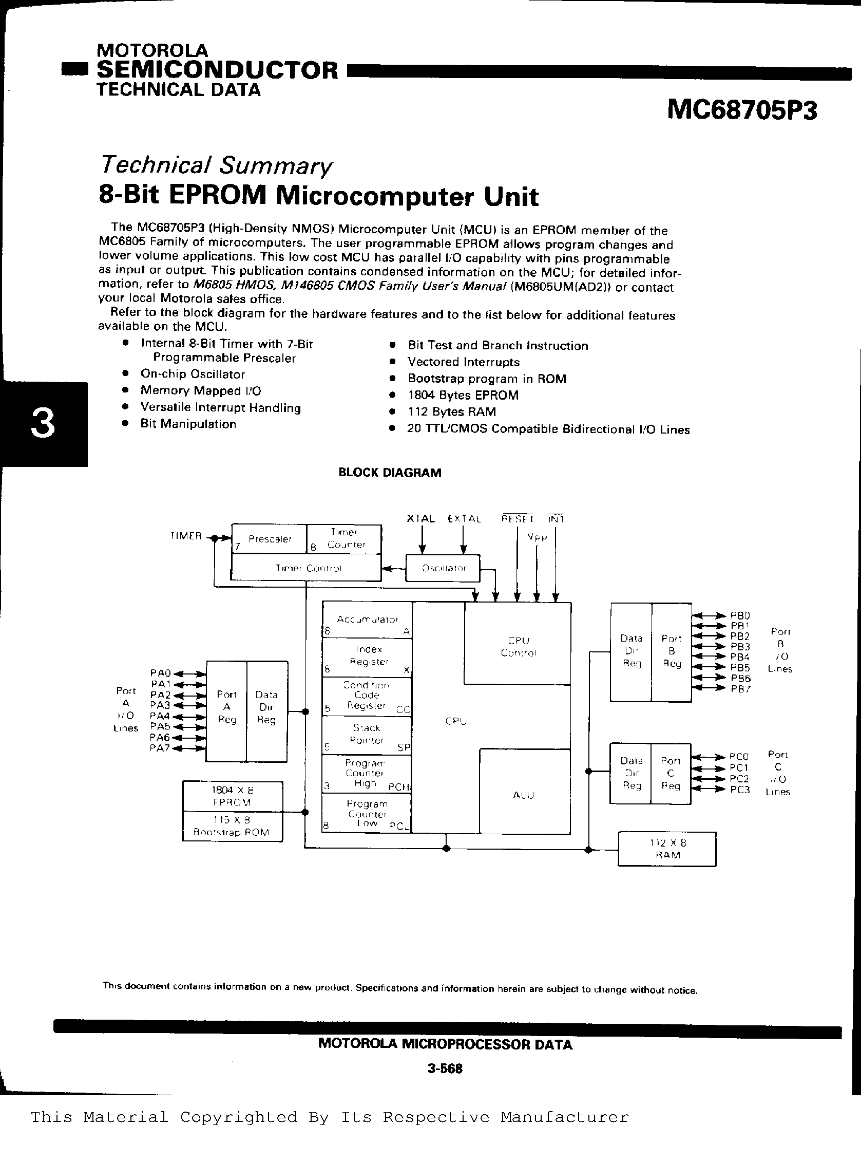 Datasheet MC68705P3 - 8-Bit EPROM Microcontroller Unit page 1