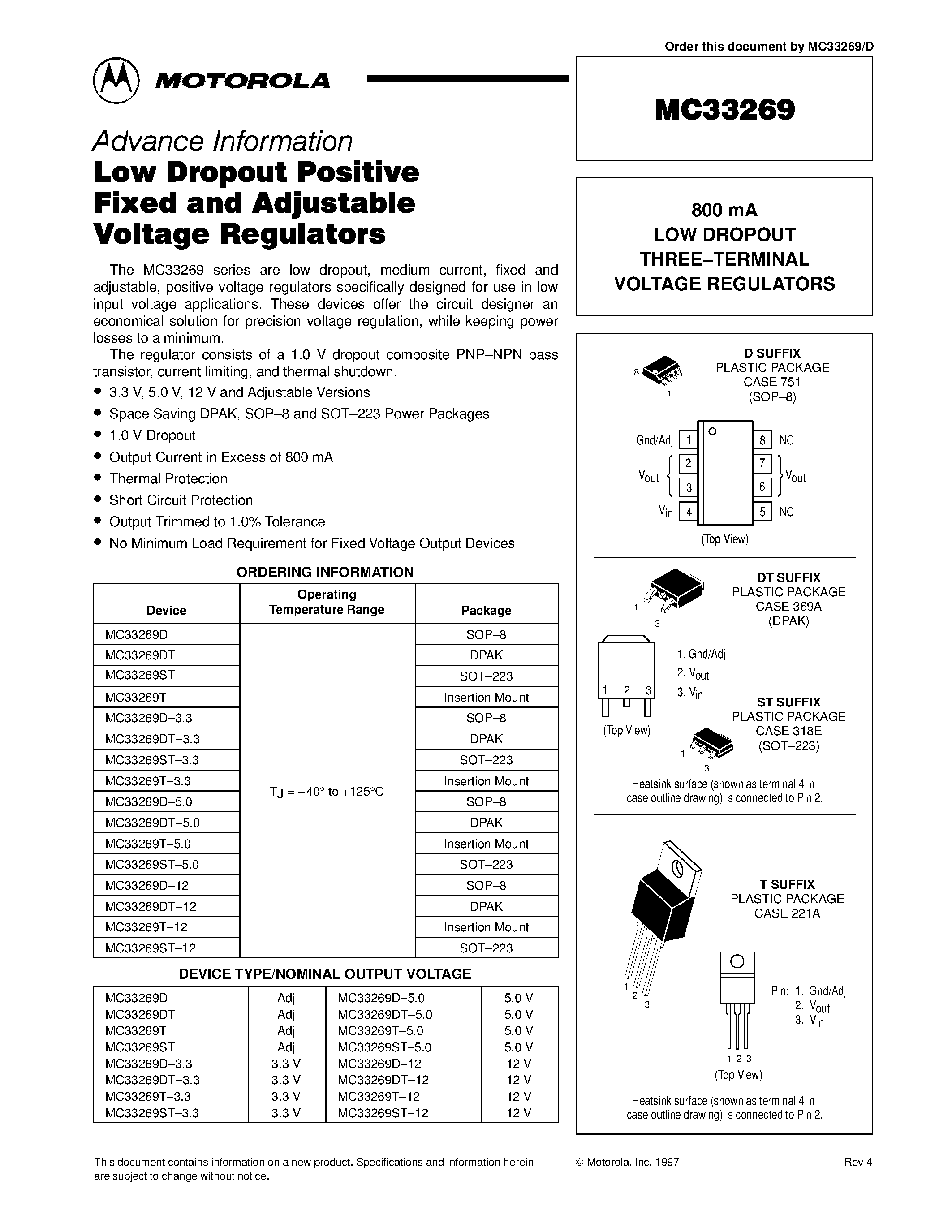 Datasheet MC33269 page 1 Datasheet MC33269 - 800 mA LOW DROPOUT THREE-TERMINAL VOLTAGE REGULATORS page 1