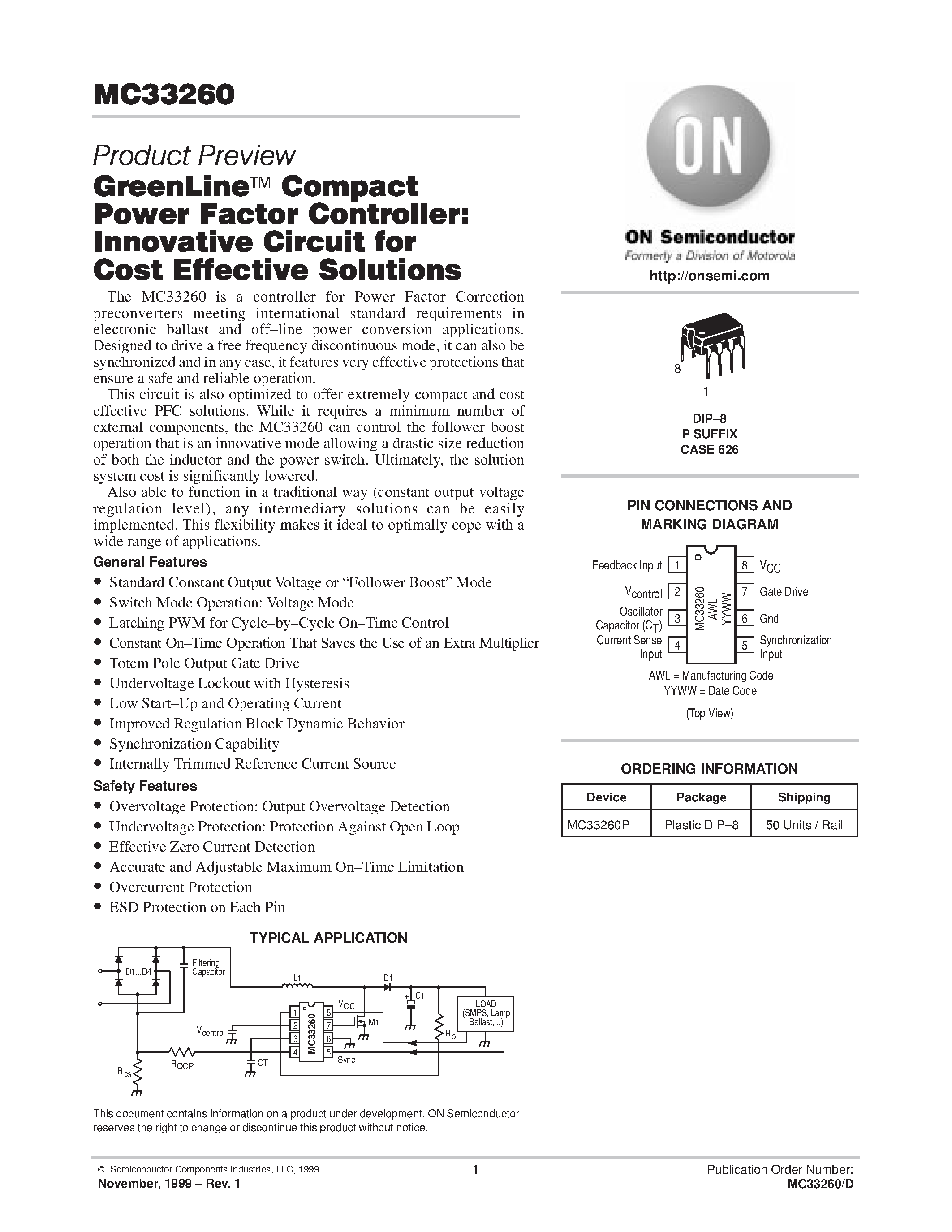 Datasheet MC33260 page 1 Datasheet MC33260 - GreenLine Compact Power Factor Controller page 1