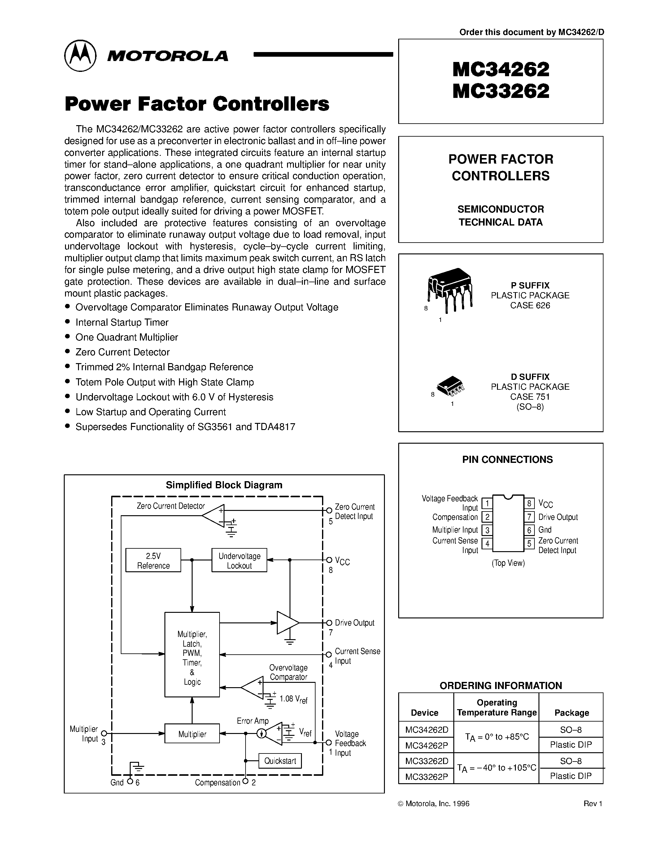 Даташит на микросхему MC33262 страница 1 Даташит MC33262 - POWER FACTOR CONTROLLERS страница 1