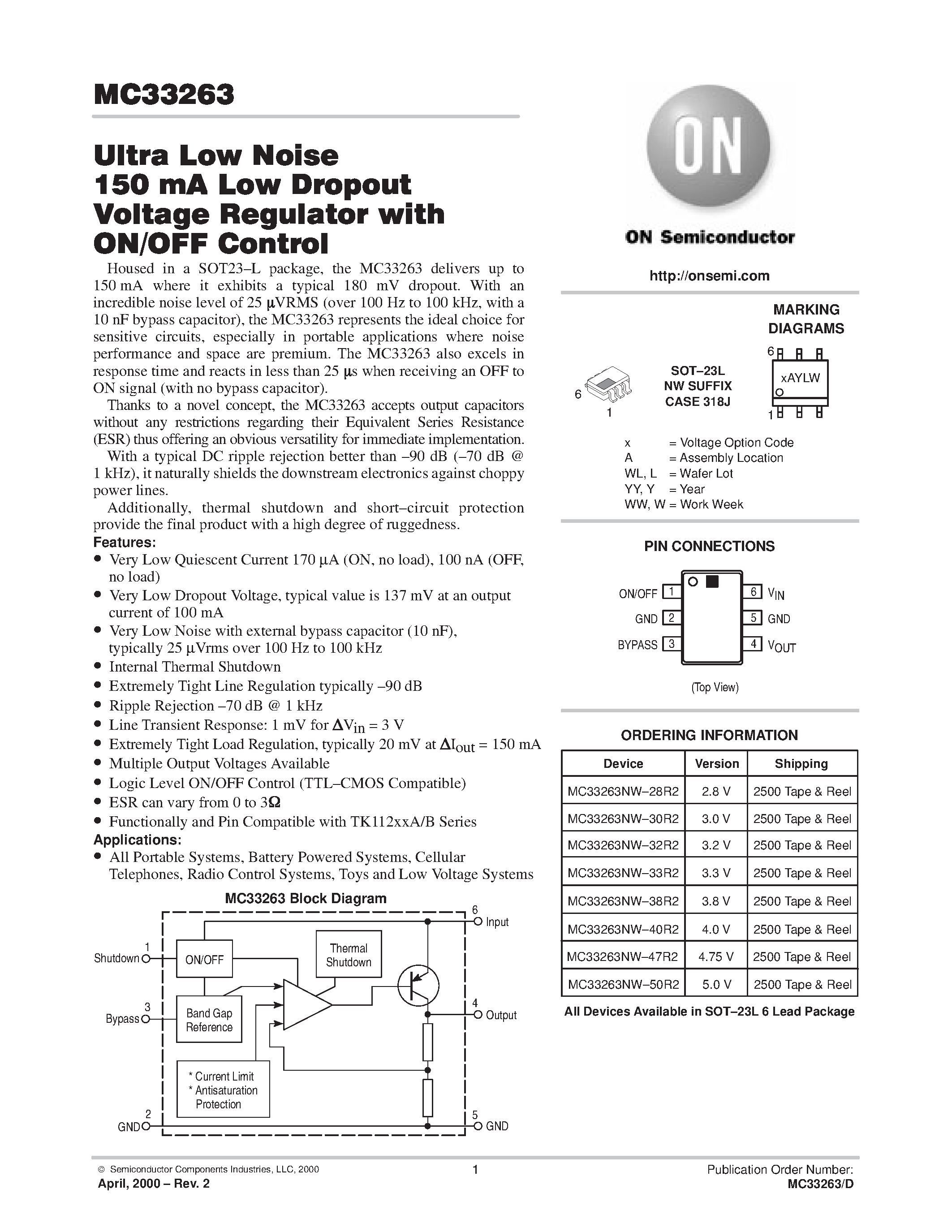 Datasheet MC33263 page 1 Datasheet MC33263 - Ultra Low Noise 150 mA Low Dropout Voltage Regulator with ON/OFF Control page 1