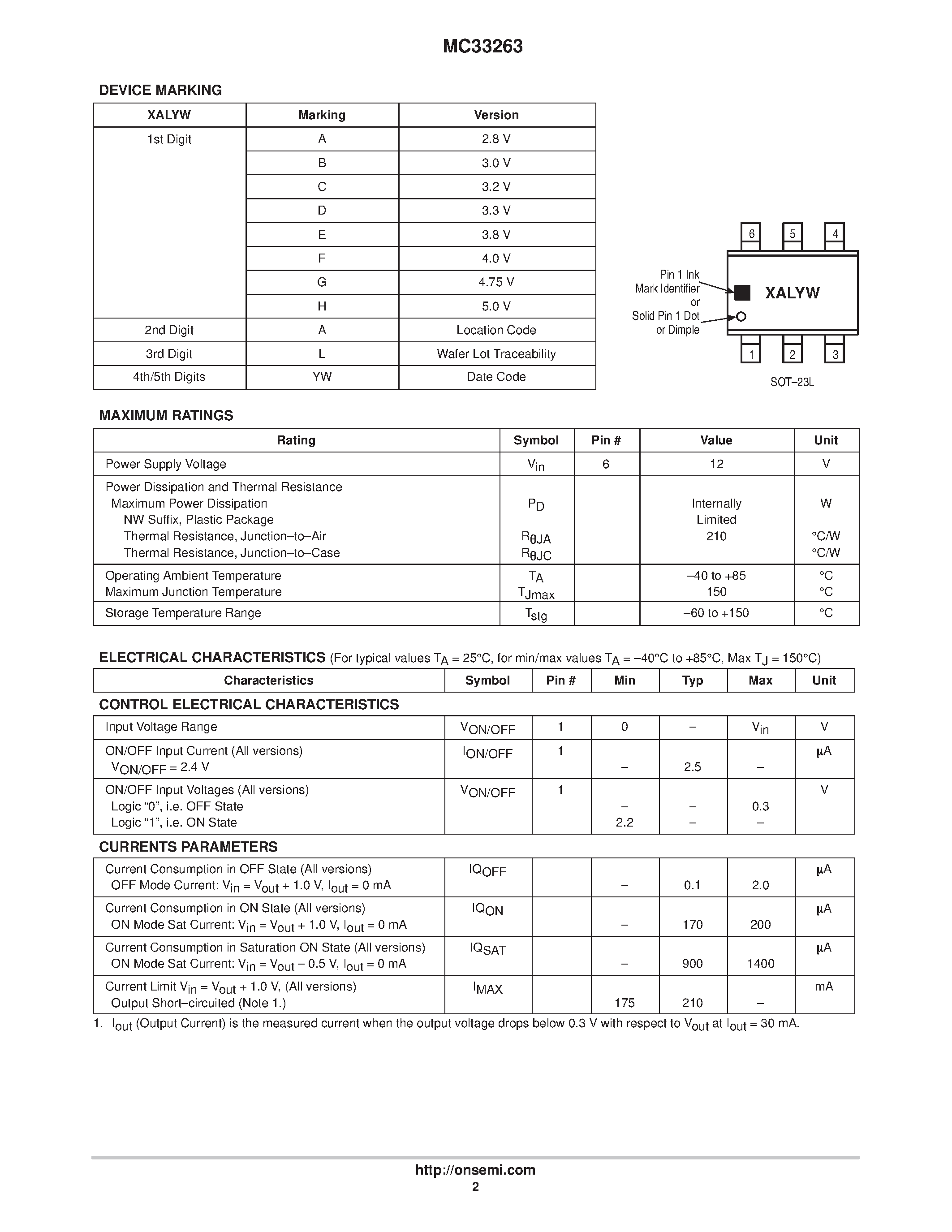 Datasheet MC33263 page 2 Datasheet MC33263 - Ultra Low Noise 150 mA Low Dropout Voltage Regulator with ON/OFF Control page 2
