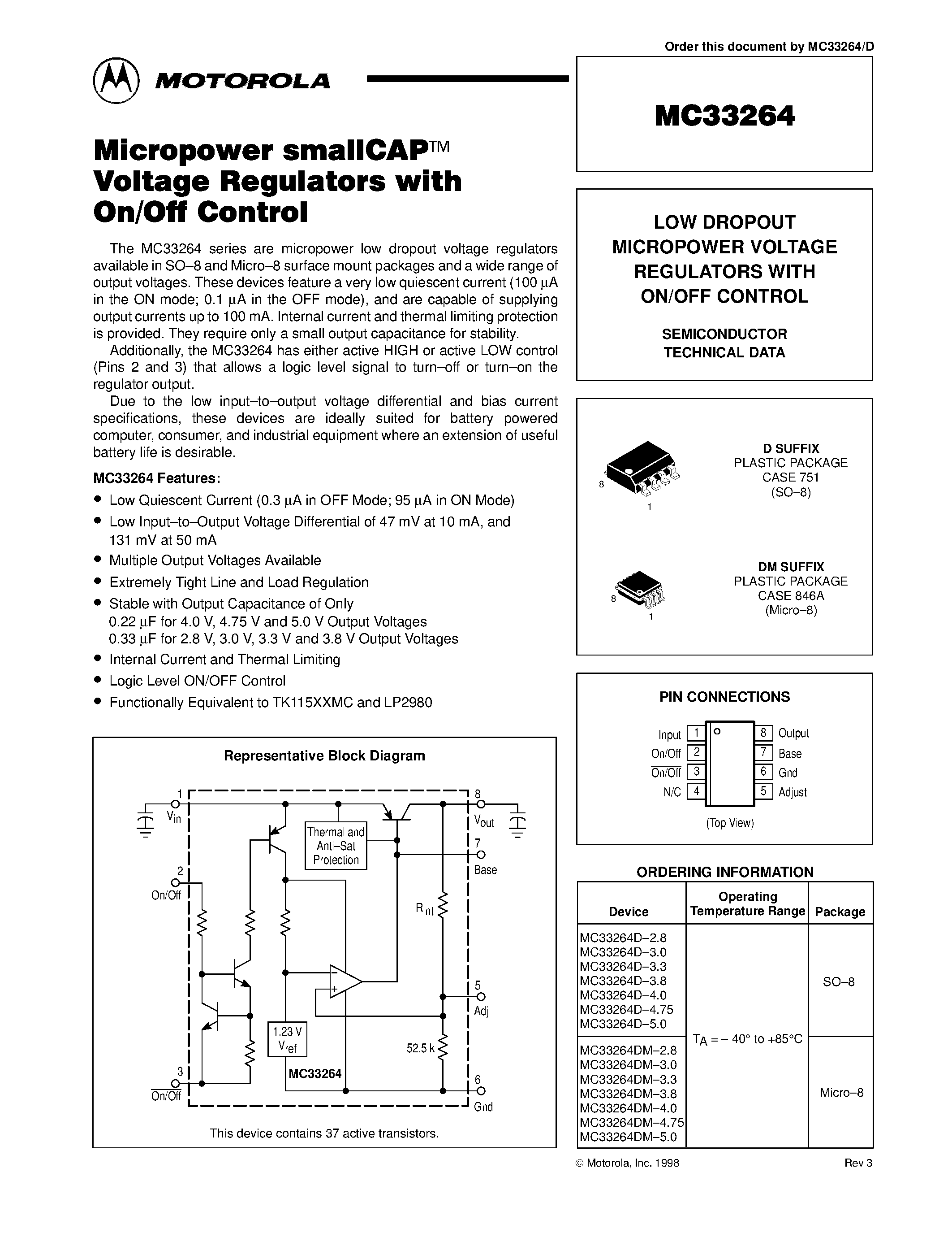 Datasheet MC33264 page 1 Datasheet MC33264 - LOW DROPOUT MICROPOWER VOLTAGE REGULATORS WITH ON/OFF CONTROL page 1