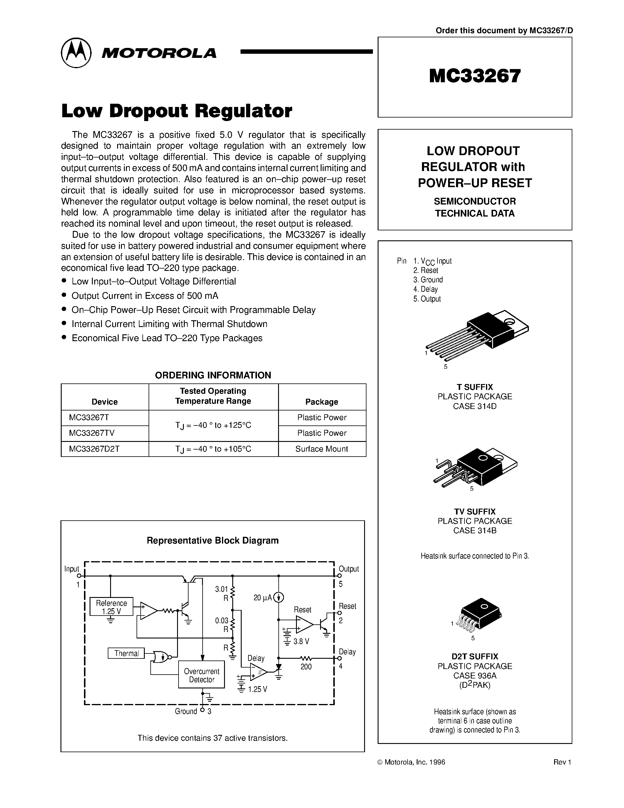 Datasheet MC33267 page 1 Datasheet MC33267 - LOW DROPOUT REGULATOR with POWER-UP RESET page 1