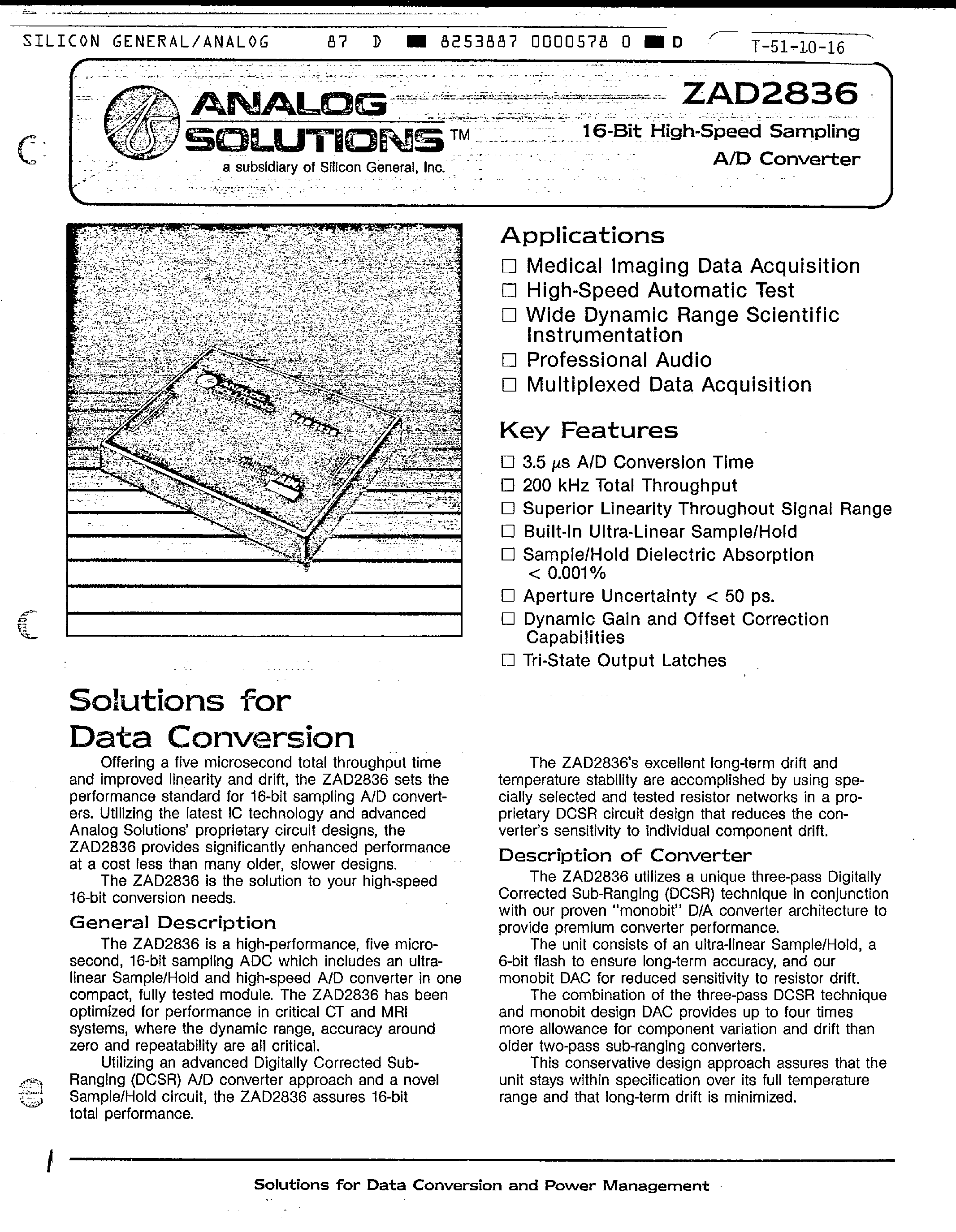 Datasheet ZAD2836 - 16 Bit High Speed Sampling A/D Converter page 1