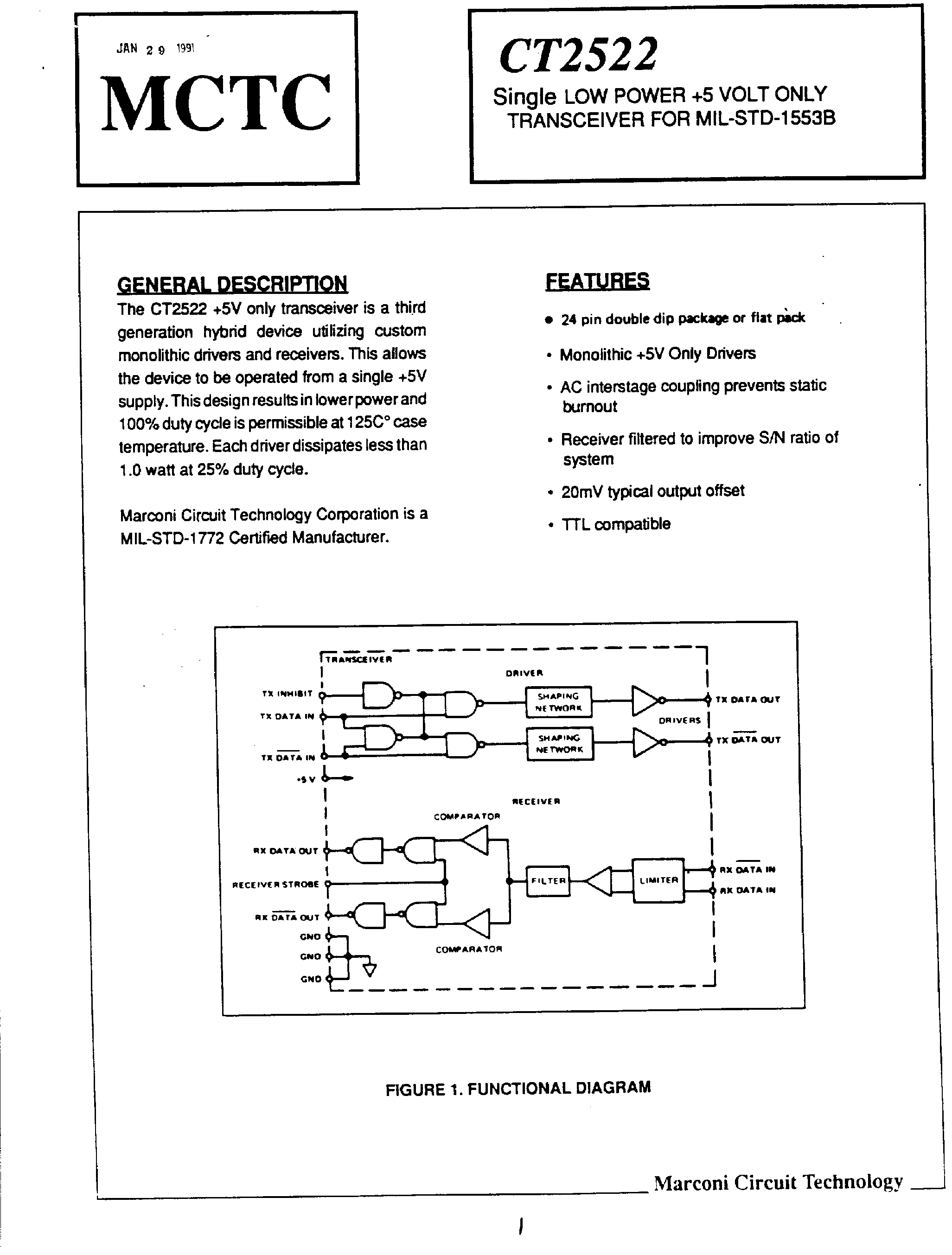 Datasheet CT2522 - Low Power +5 Volts Only Transceiver page 1