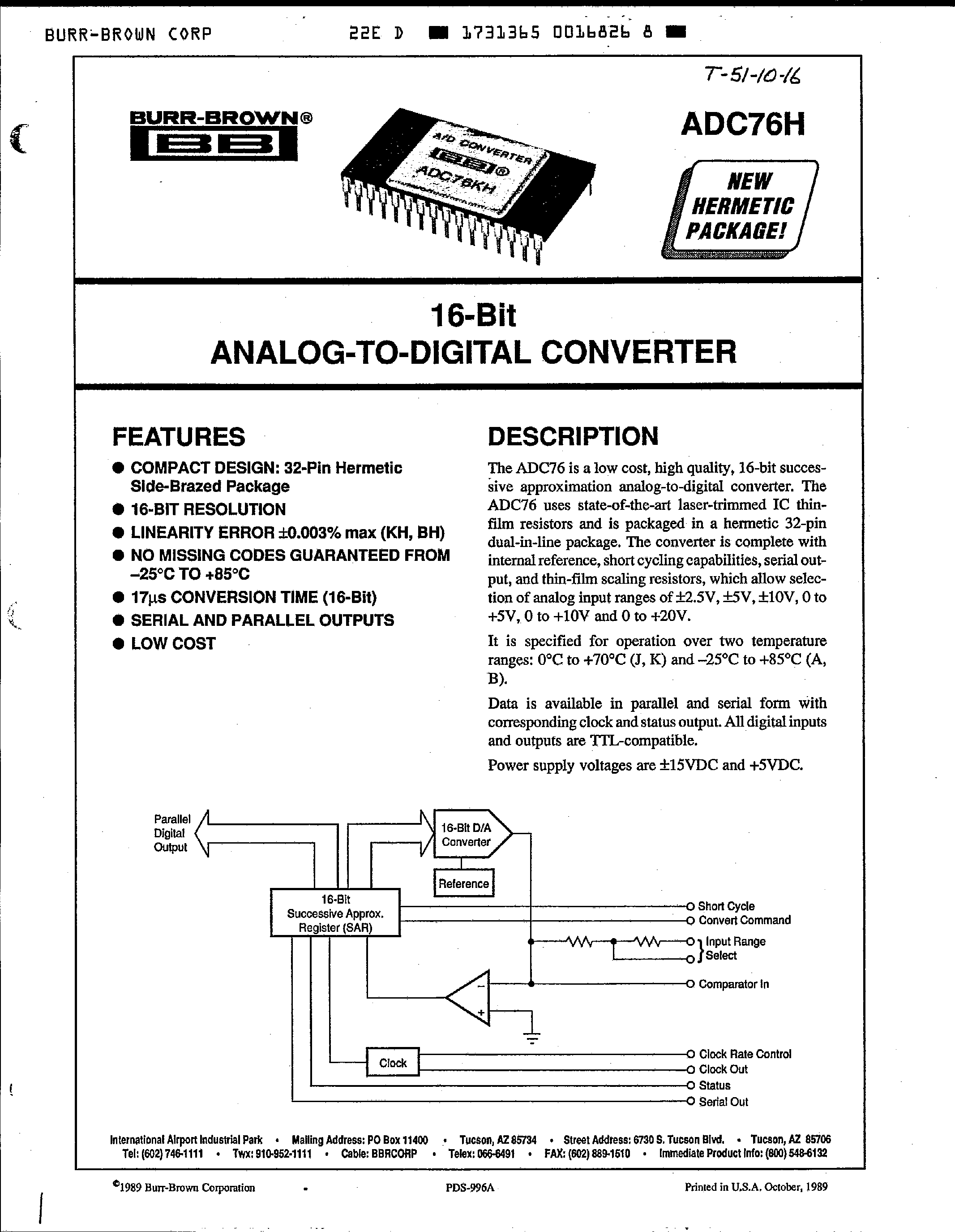 Datasheet ADC76H - 16-Bit ANALOG-TO-DIGITAL CONVERTER page 1