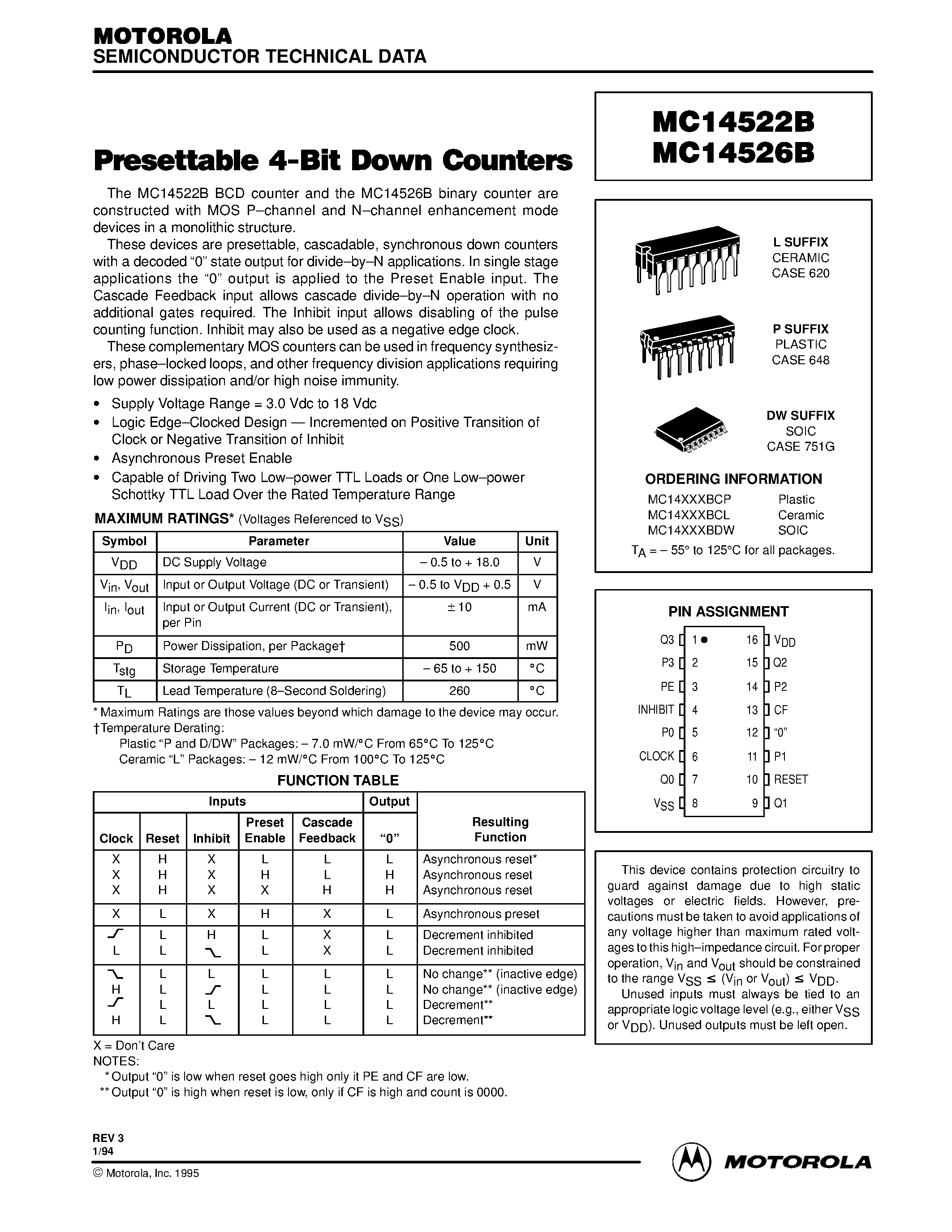 Даташит MC14522B - Presettable 4-Bit Down Counters страница 1