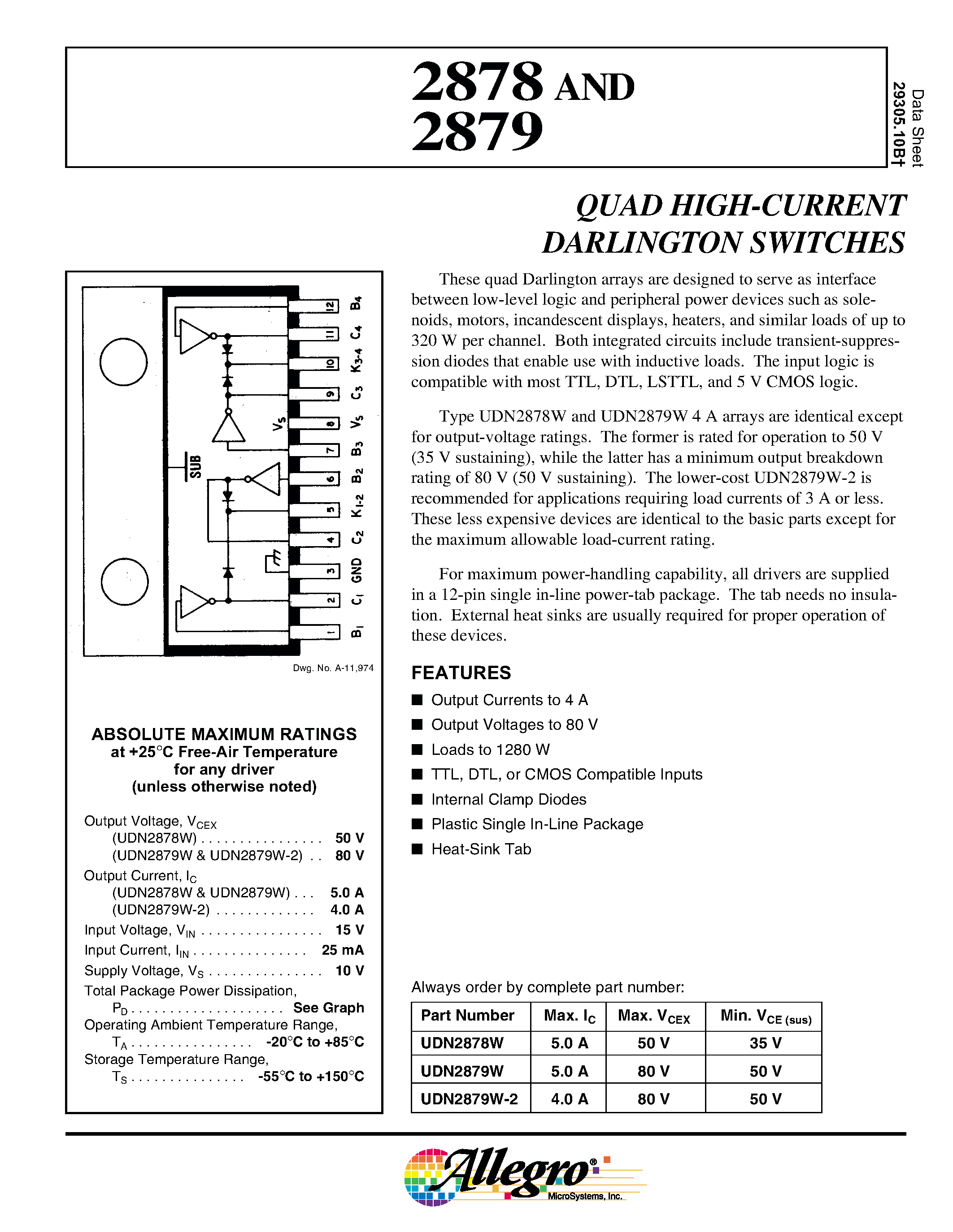 Даташит UDN2879 - (UDN2878) QUAD HIGH-CURRENT DARLINGTON SWITCHES страница 1