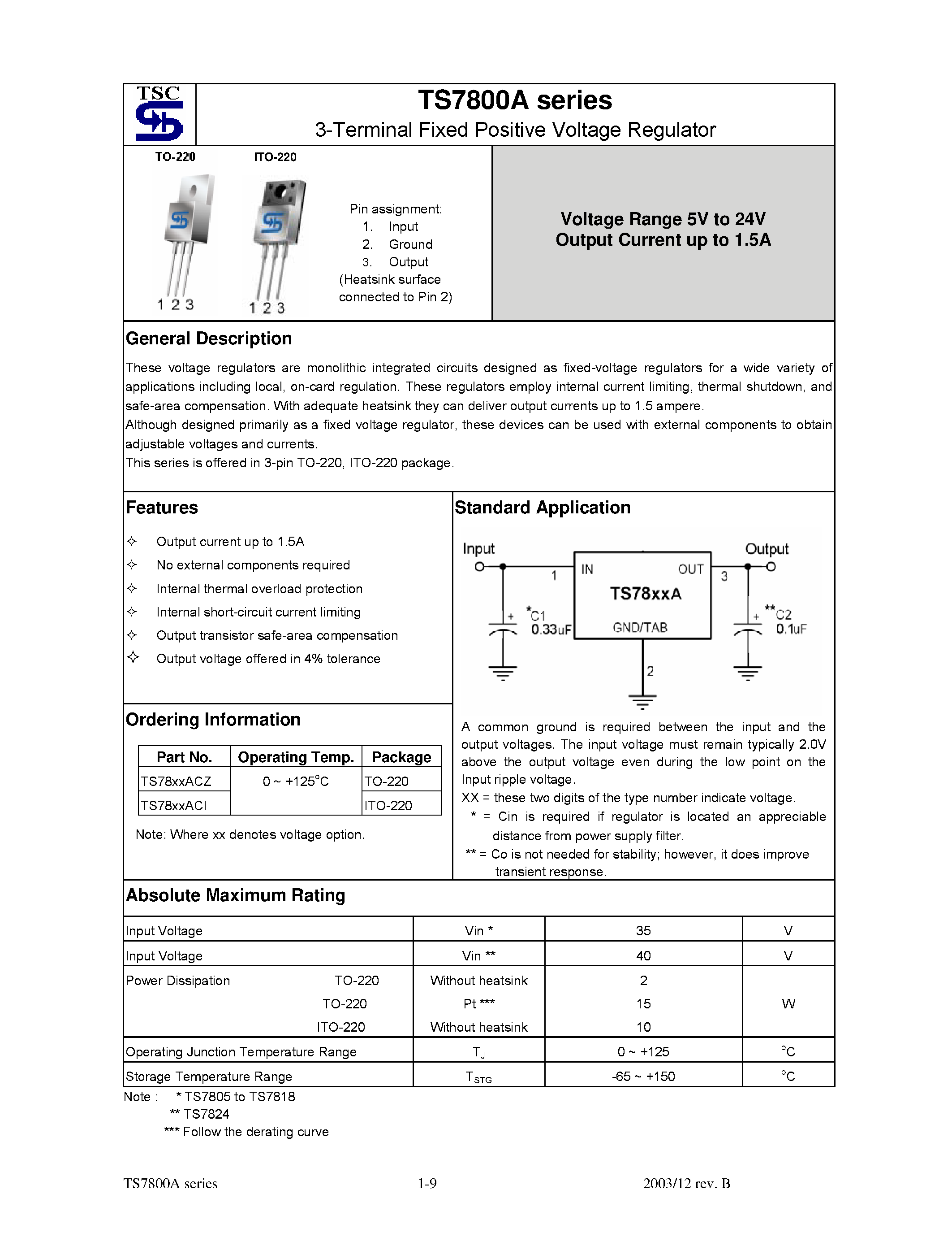 Datasheet TS7824 - (TS7800A Series) 3-Terminal Fixed Positive Voltage Regulator page 1