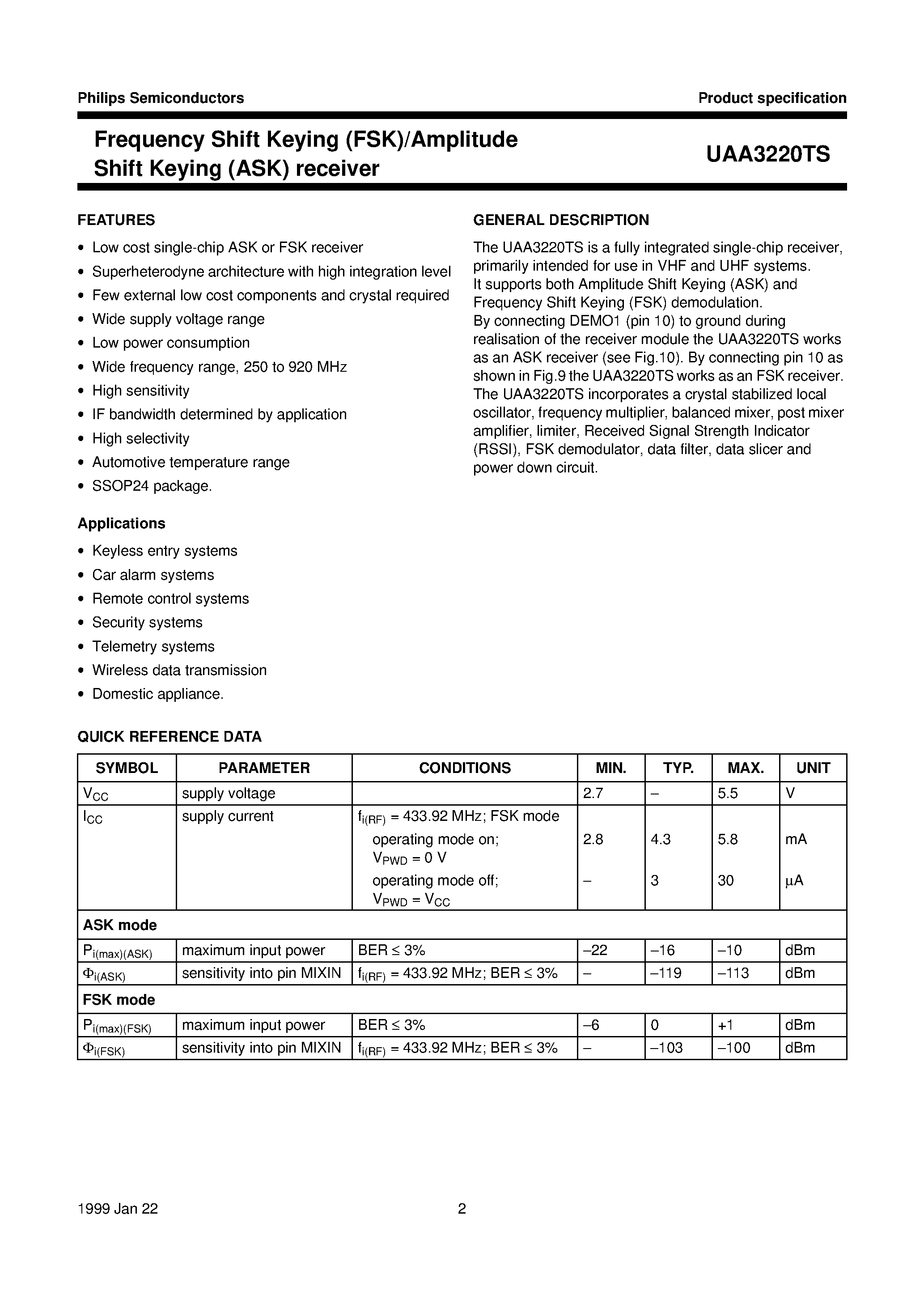Даташит UAA3220TS - Frequency Shift Keying FSK/Amplitude Shift Keying ASK receiver страница 2