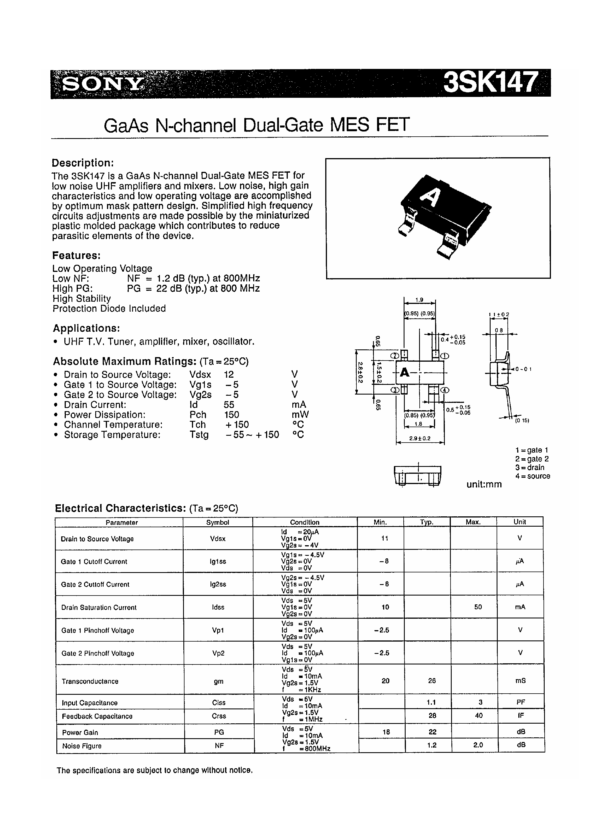 Datasheet 3SK147 - GaAs N-Channel Dual-Gate MES FET page 1